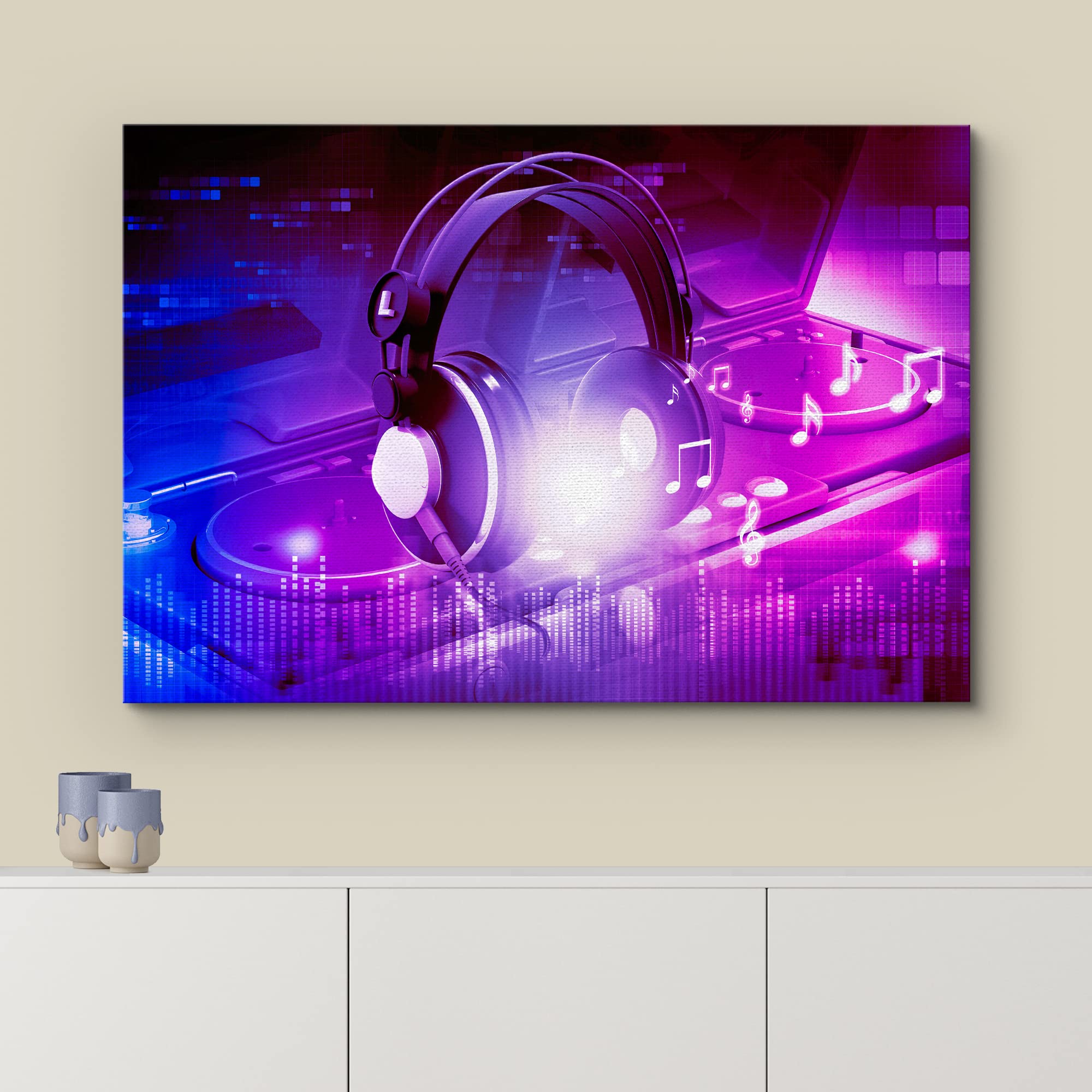 Wall26 Canvas Print Wall Art Neon Light Dj Turntable Headphones Music Instruments Photography Realism Decorative Concert Multico