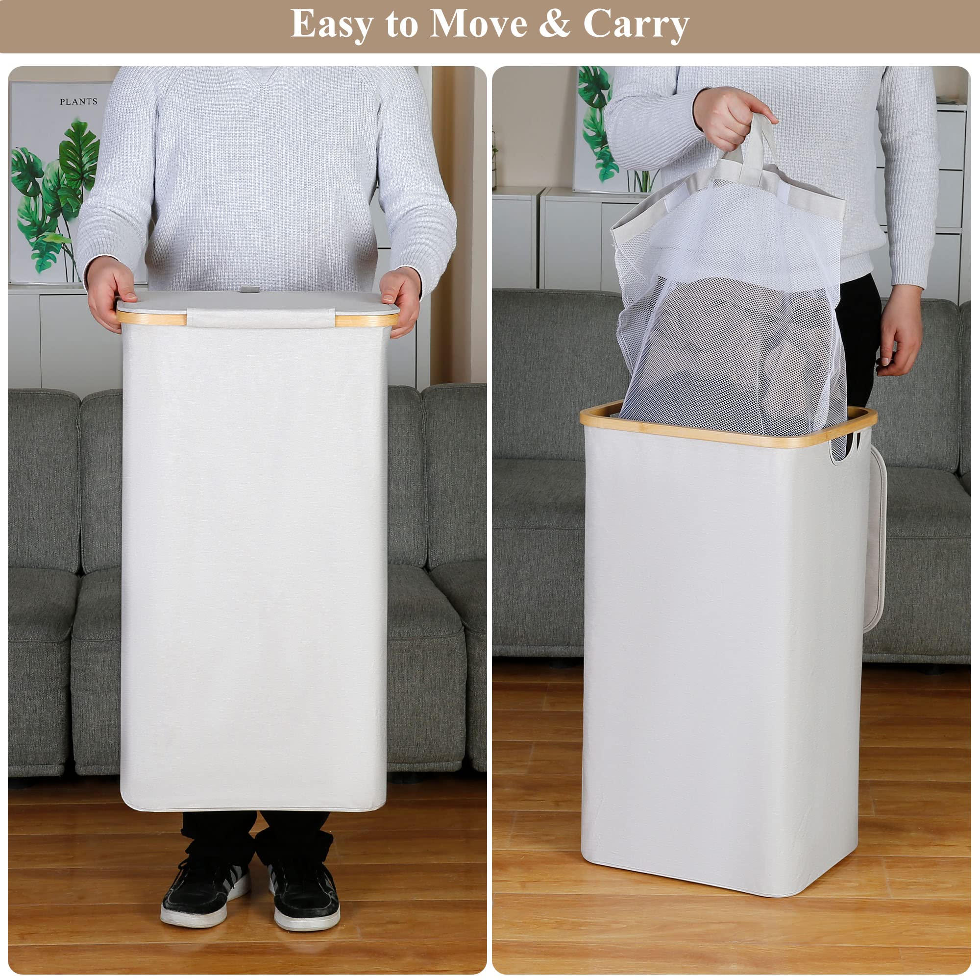 Iegrow Laundry Basket With Lid, 110L Laundry Hamper With Bamboo Handle,Clothes Basket Organizer With Removable Inner Bag For Clo