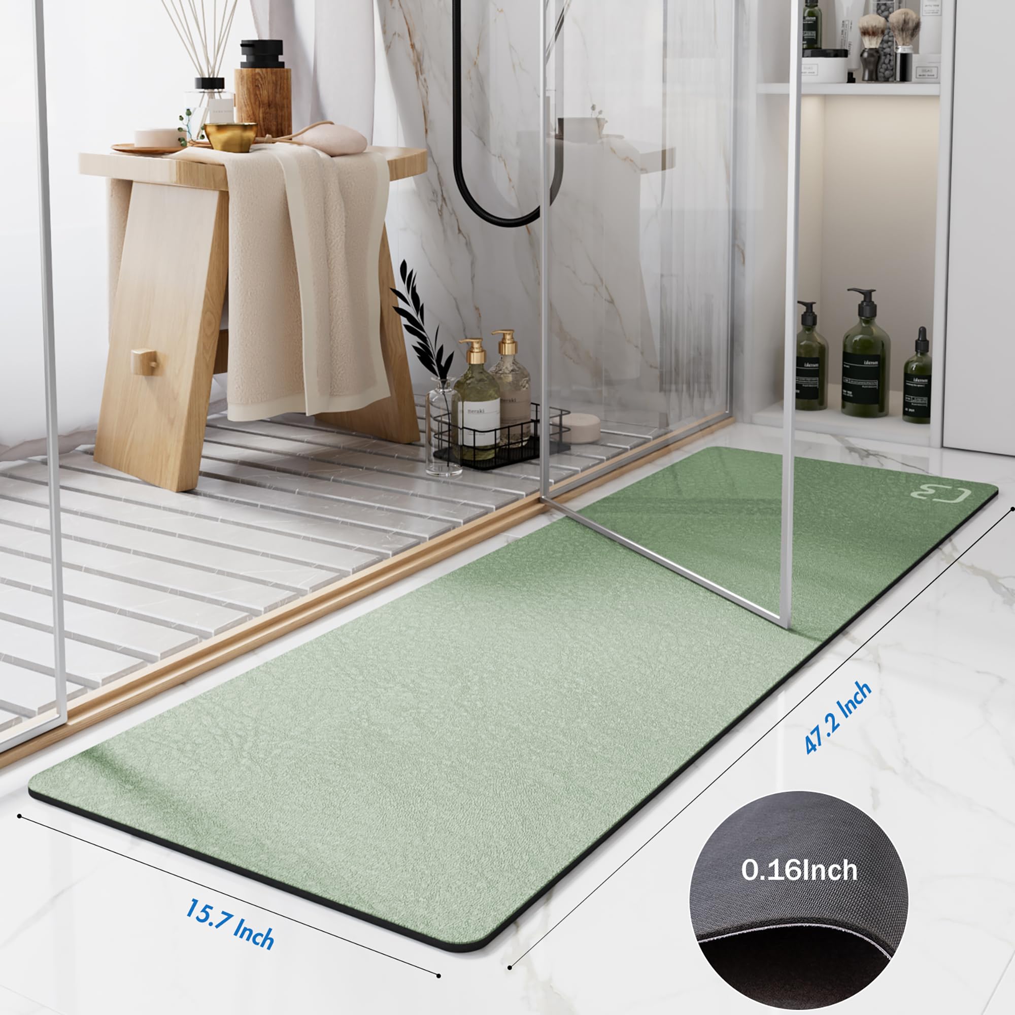 Ruerya Sage Green Bath Mat 15.7''X47.2'' Extra Long Bathroom Mat Large Fast Dry Super Absorbent Non-Slip Rubber Backed Shower Ma
