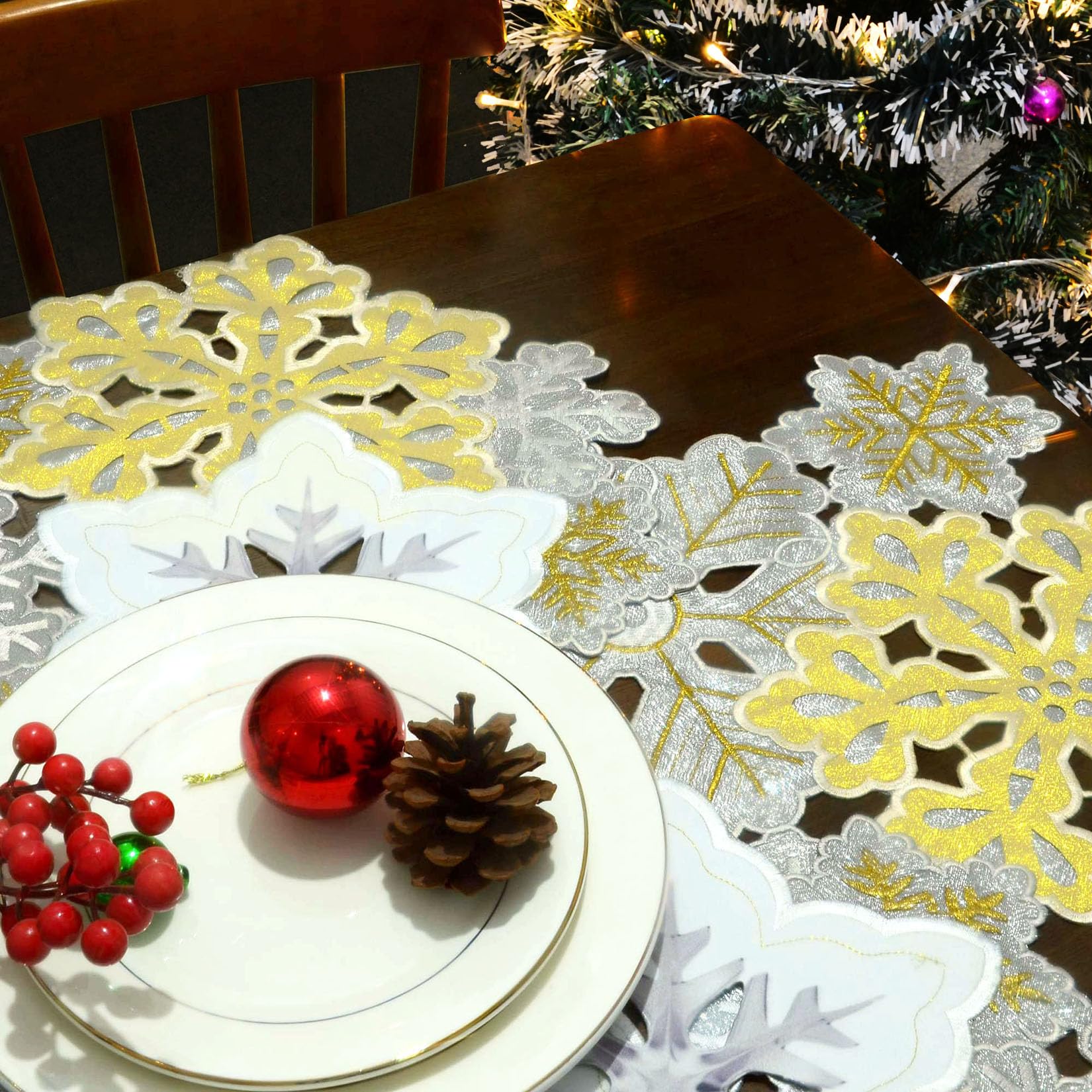 Grelucgo Set Of 4 Machine Embroidered And Hand Cut Silver And Gold Winter Snowflakes Table Place-Mats For Christmas Holiday (13