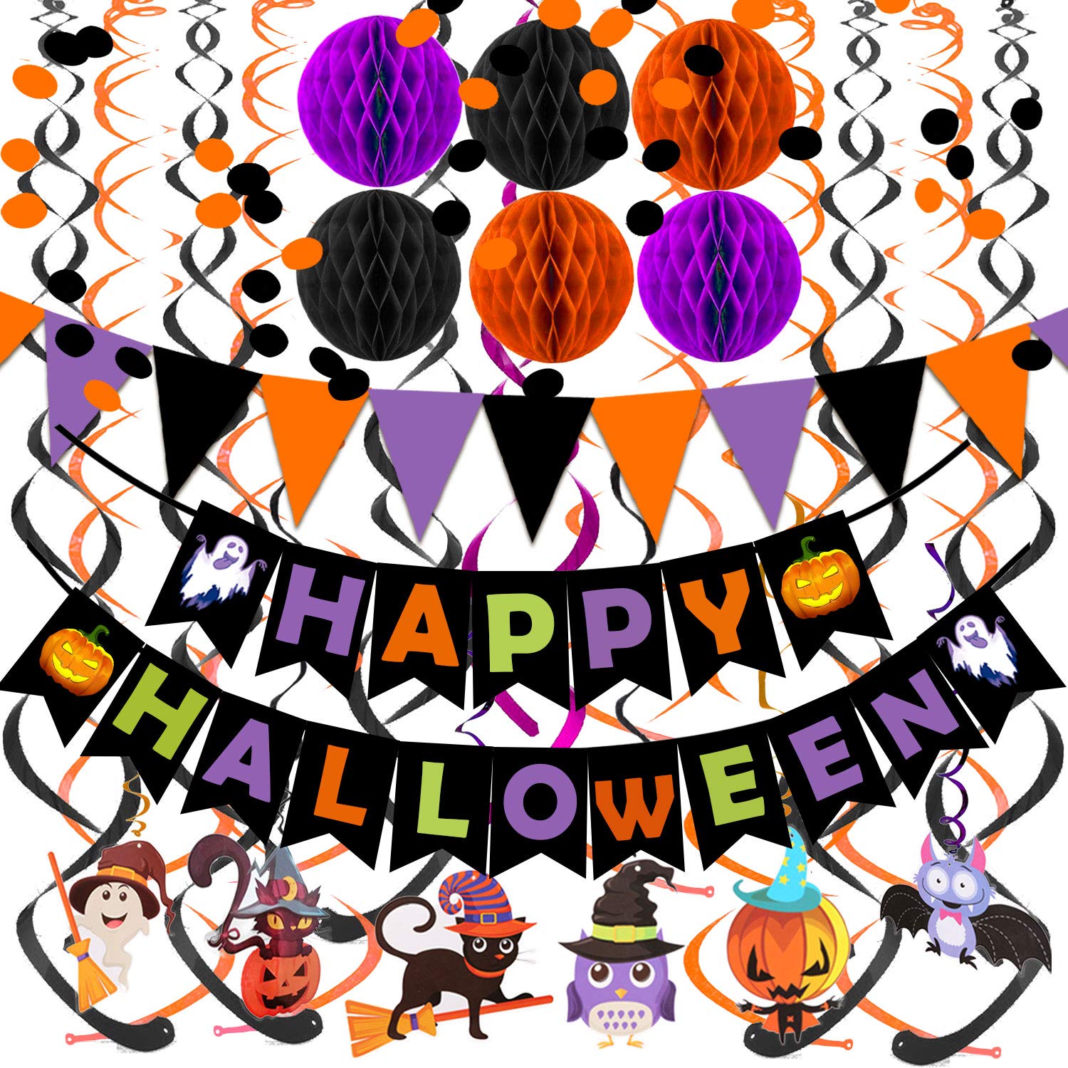 Happy Halloween Banner Paper Triangle Flag Bunting Circle Confetti Dots Hanging Garland Honeycomb Ball Swirl Streamers For Hallo