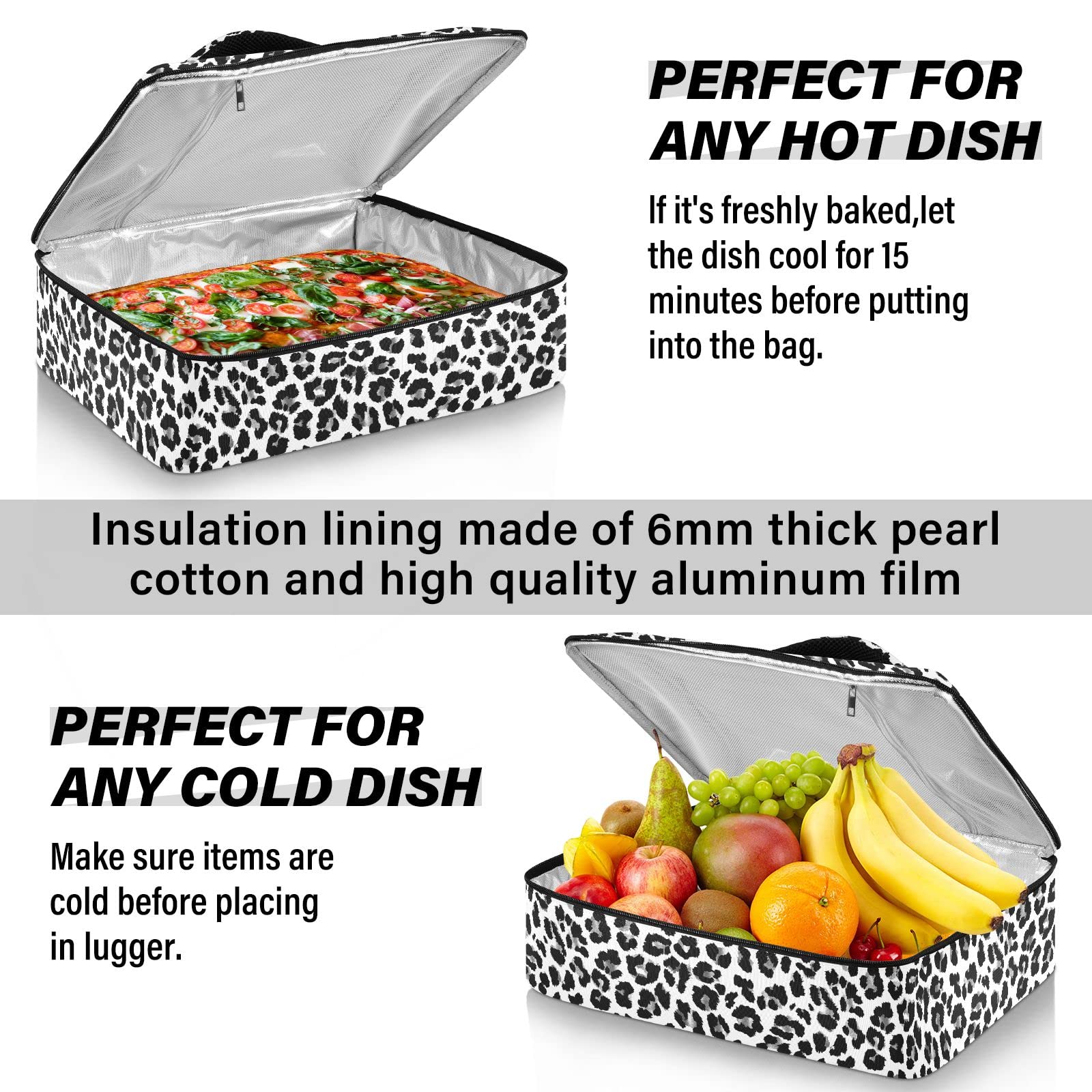 Insulated Casserole Carrier Bag For Hot Or Cold Food White Leopard Black Cheetah With Dish Storage Potluck Party Picnic