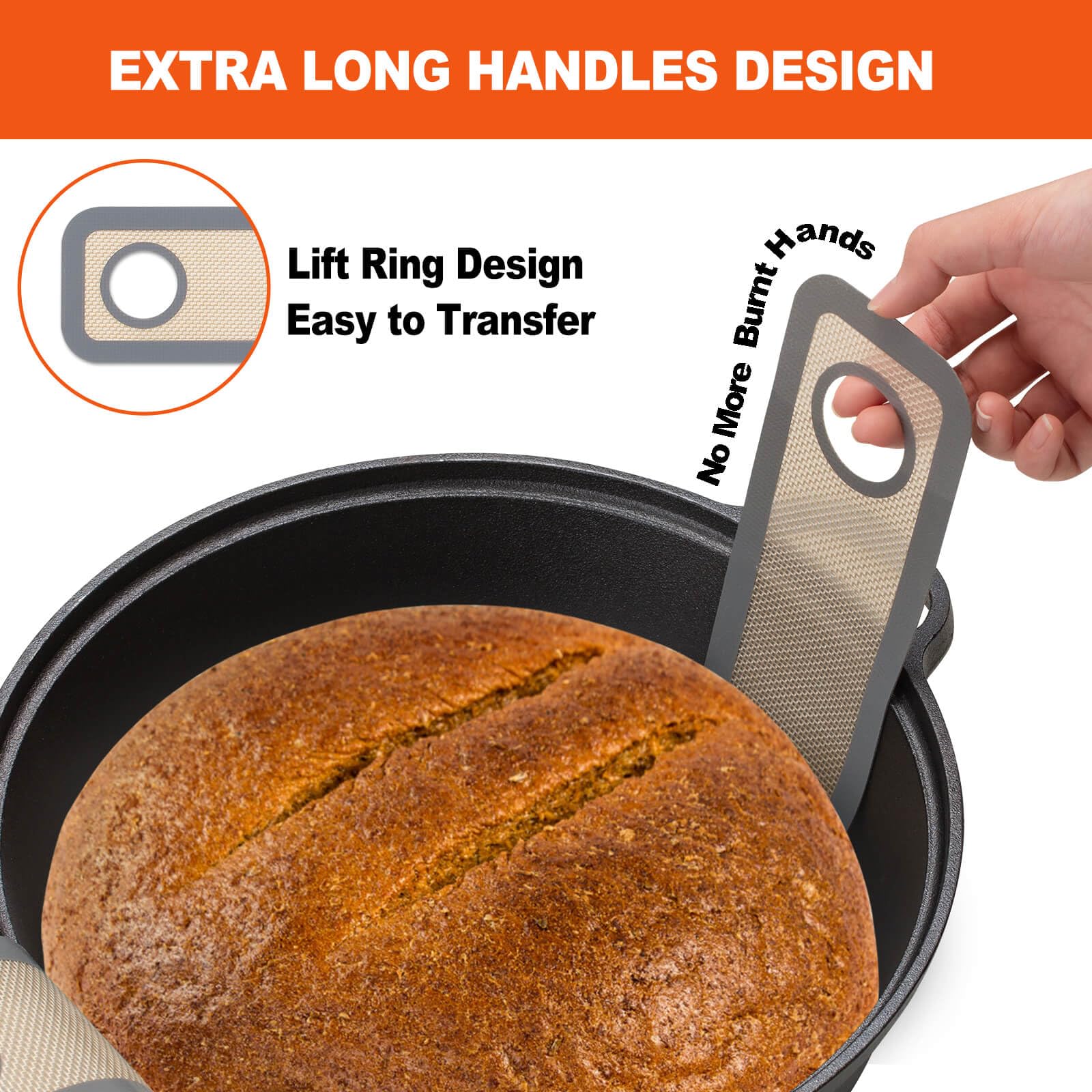 Large Silicone Bread Sling Dutch Oven - 9.5 Inch Non-Stick & Easy Clean Reusable Silicone Bread Baking Mat. With Extra Long Hand