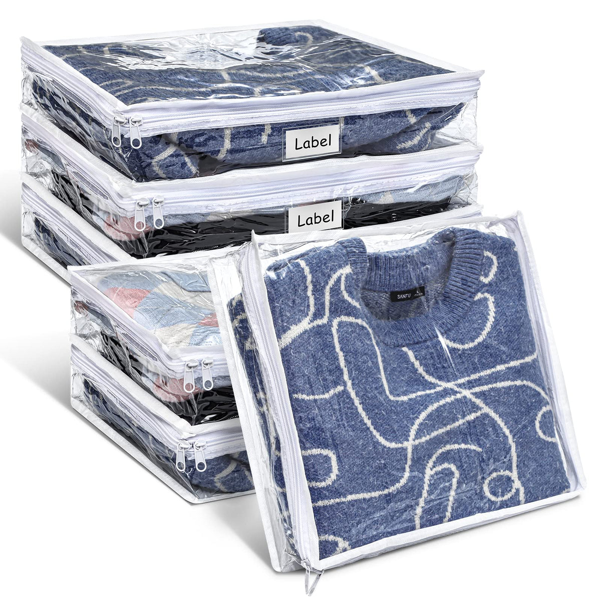 Hoolerry 6 Pieces Sweater Storage Bags Moth Proof Clear PVC Plastic Clothes Storage Bags with Zipper and Label for Blankets Clot