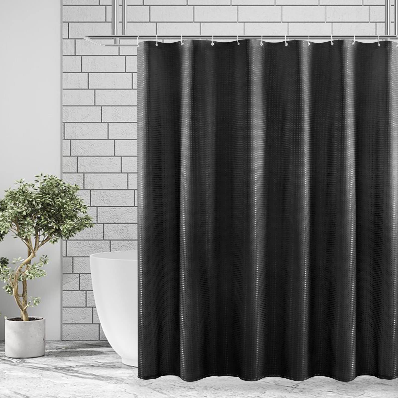 Bbiggood Black Shower Curtain, Waffle Weave Shower Curtain For Bathroom Set With Hooks, Waterproof Luxury Hotel Spa Style Decor,