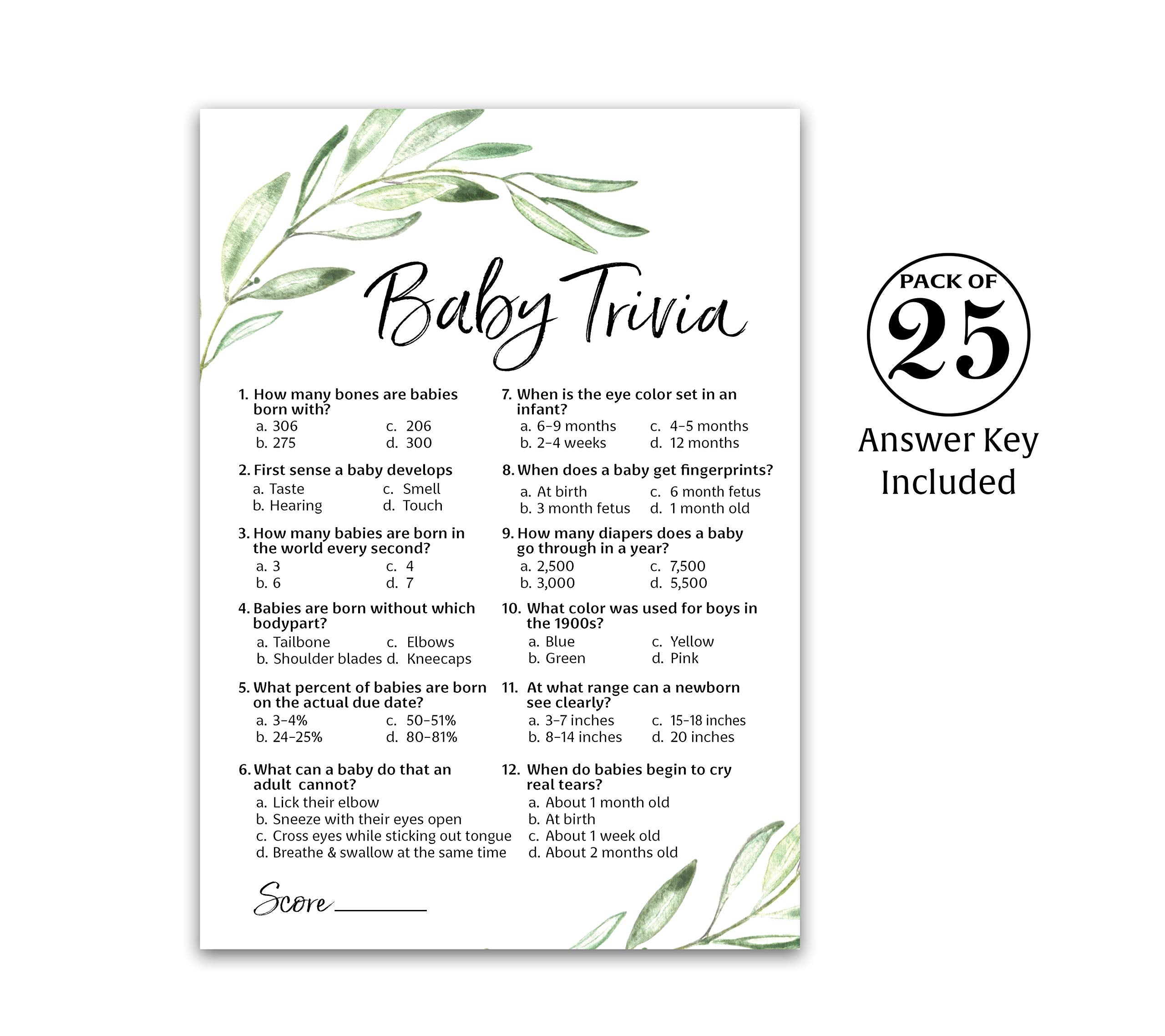 Greenery Baby Shower Game - Baby Trivia Games - Pack Of 25 - Fun Baby Facts Games, Floral, Green, Olive Branch Baby Shower Activ