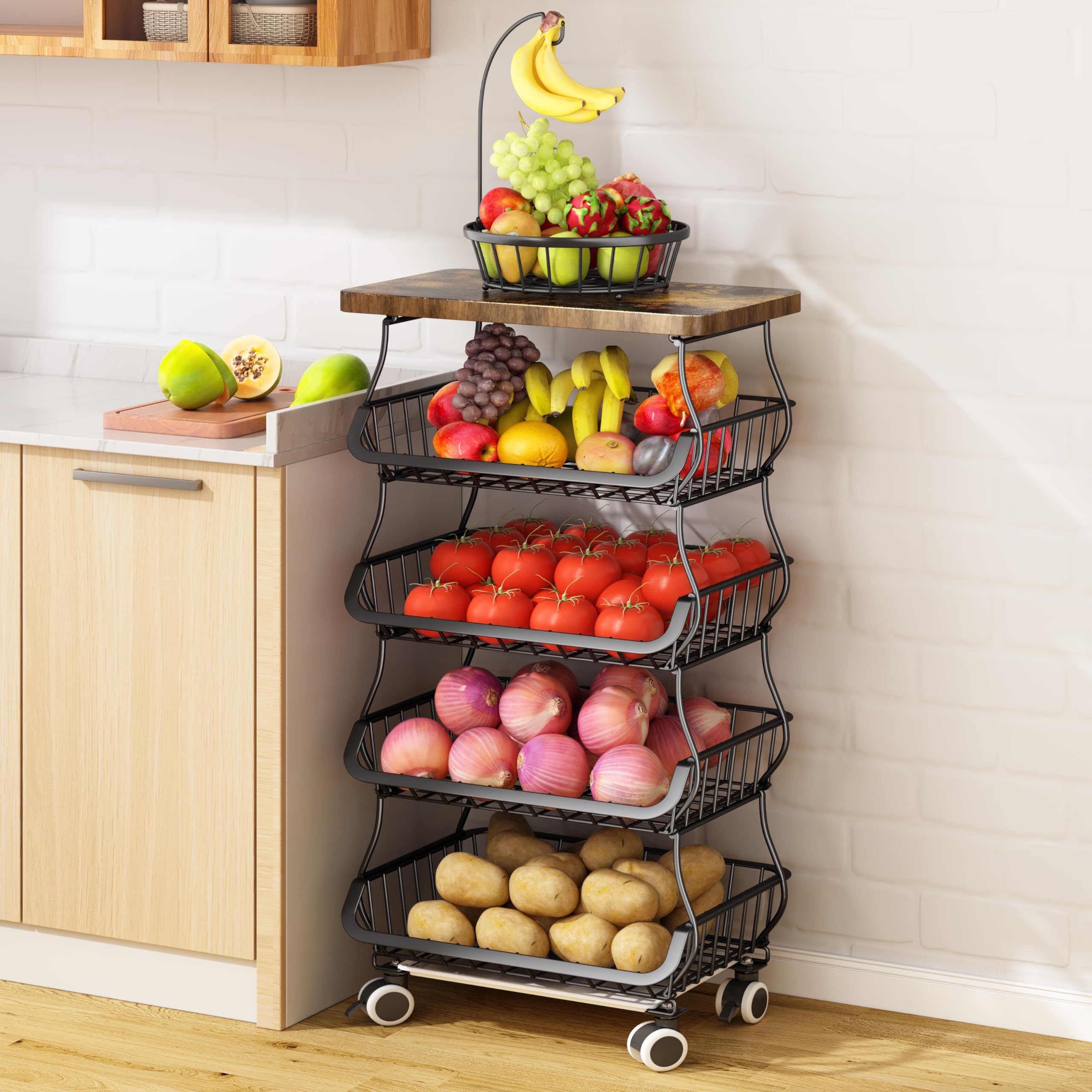 Fruit Basket Kitchen Pantry Organizers And Storage - Wooden Top Table, Stackable Metal Wire Basket Stand Cart For Fruit Vegetabl