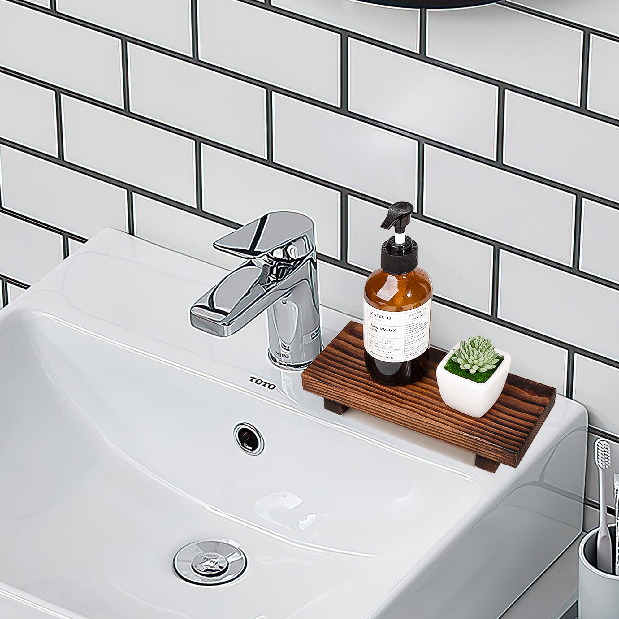 Bathroom Counter Organizer Wood Pedestal Stand Farmhouse Decorative Tray Soap Holder For Kitchen Decor, Small, Dark Brown
