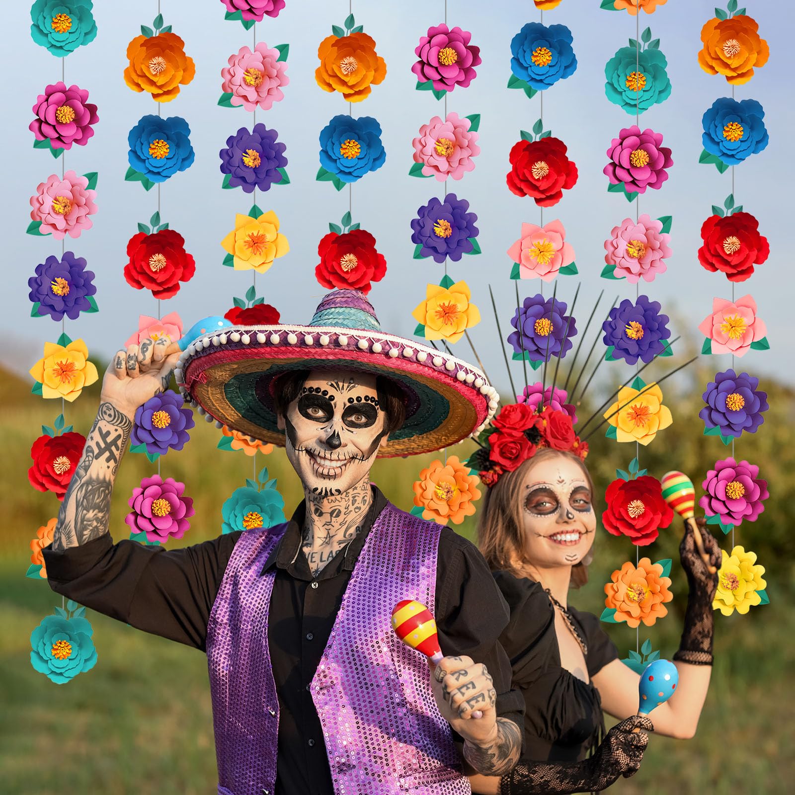 Spakon 8 Pcs Day of The Dead Paper Flower Decorations Mexican Fiesta Garlands Dia De Los Muertos Flat Floral Hanging Banner Cuto