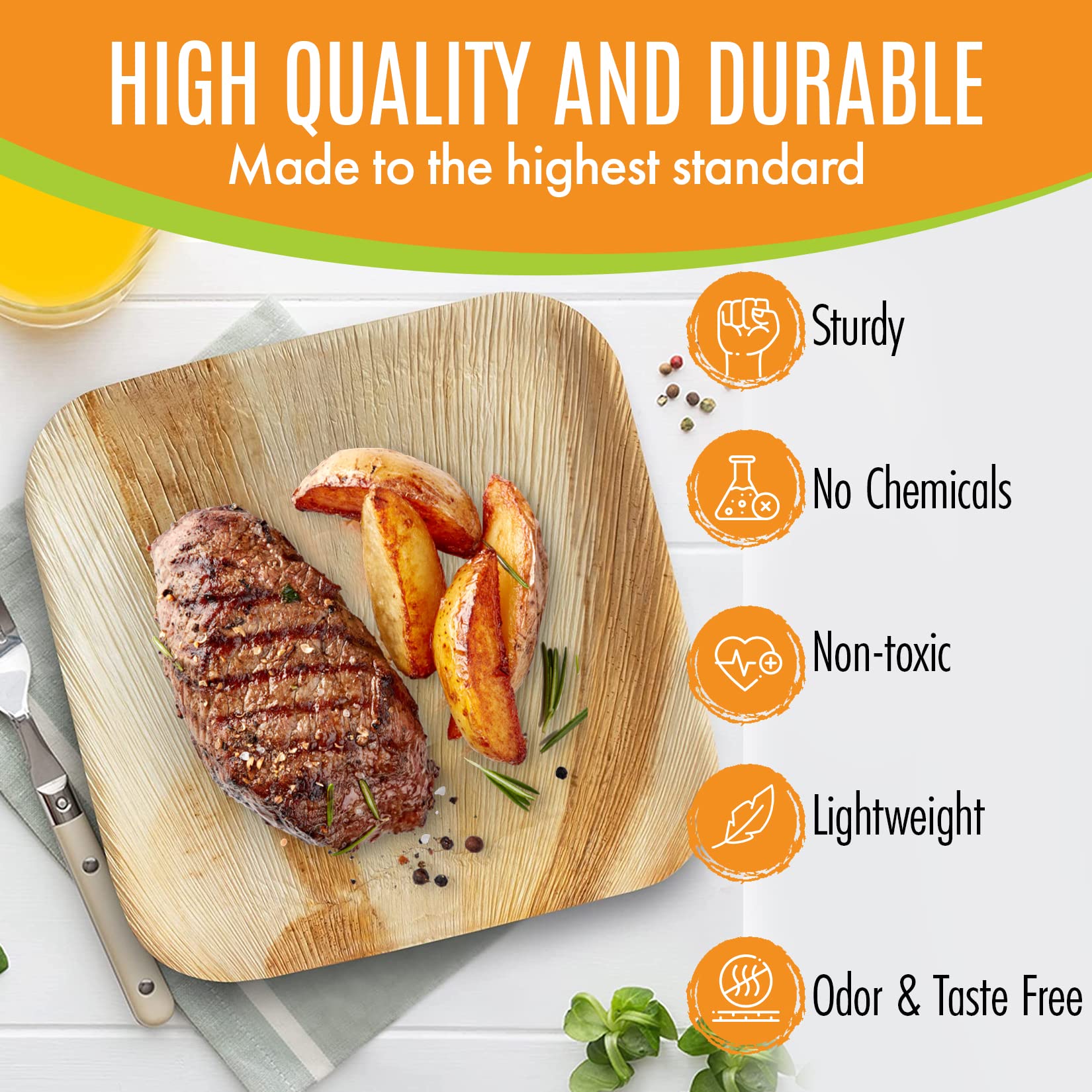 Raj Eco Compostable Palm Leaf Plates Like Bamboo Plates Disposable - 8 Inch Square 50 party plates  Natural wooden  Eco-Friendly  fancy Biodegradable & Disposable Dessert appetizer Plates