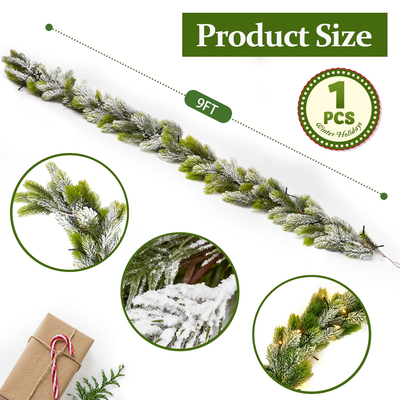 9FT Real Touch Norfolk Snow Pine Christmas Garland with Light Winter Artificial Faux Greenery Garland Table Mantle Stairs Firepl