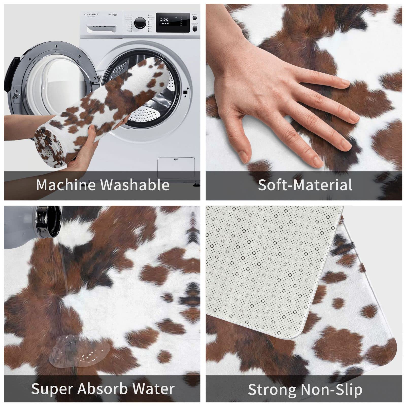 Brown Cowhide Cow Print Western Bathroom Decor Bath Mats, Soft Absorbent Bath Rug Non-Slip Floor Rug Carpets For Kitchen Bathroo