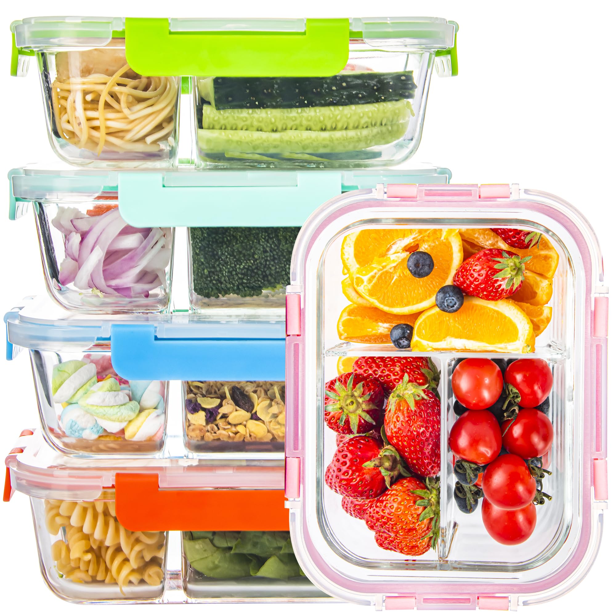 Glass Food Storage Containers 3 Compartment with Lids (5 Pack, 34oz), Divided Glass Meal Prep Containers for Lunch at Work, Leak