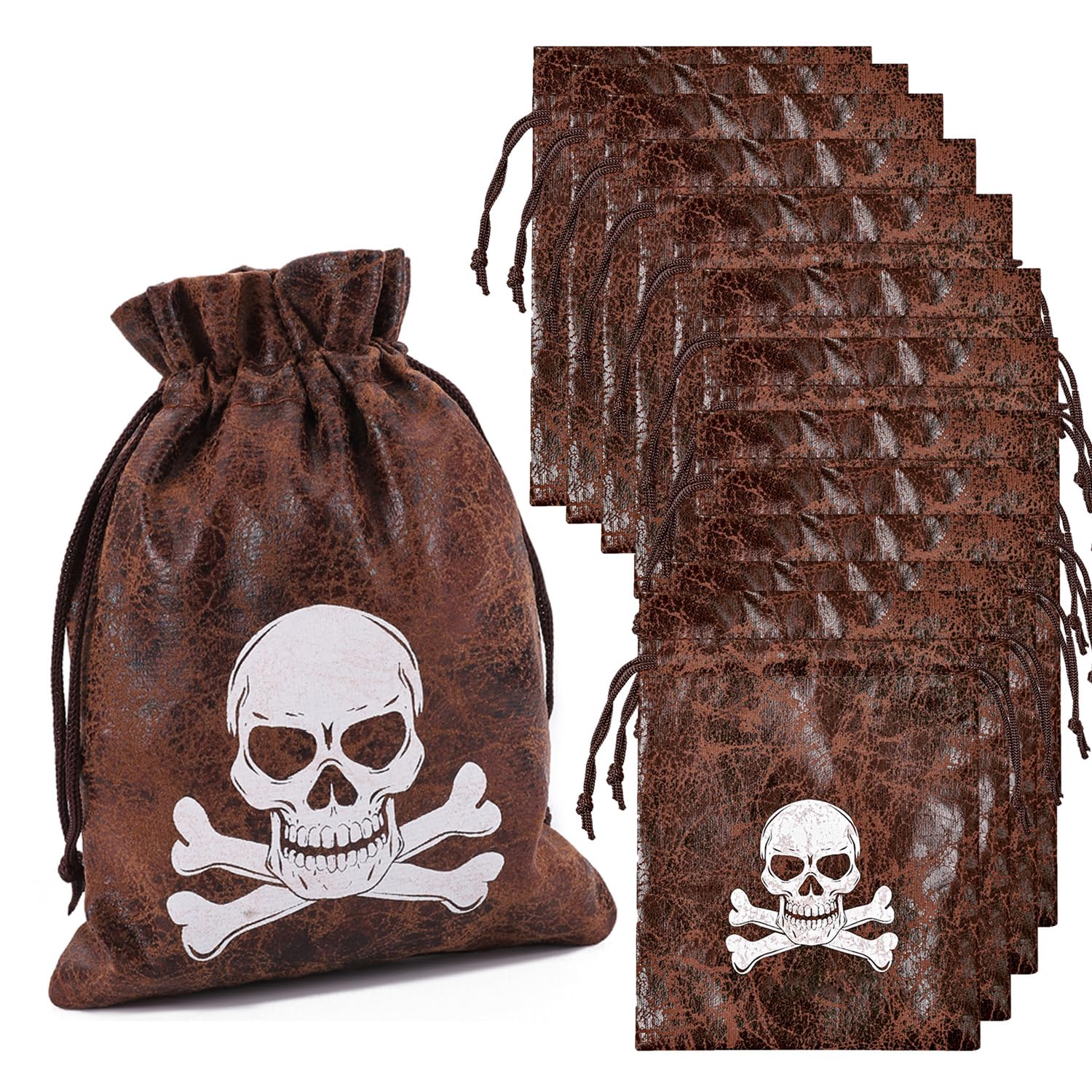 RICHNESS Pirate Loot Bags Goodie Bags with Drawstring 4.5 x 6.5 Inches Faux Cow Skin Pirate Treasure Bags for Pirate Party Favor