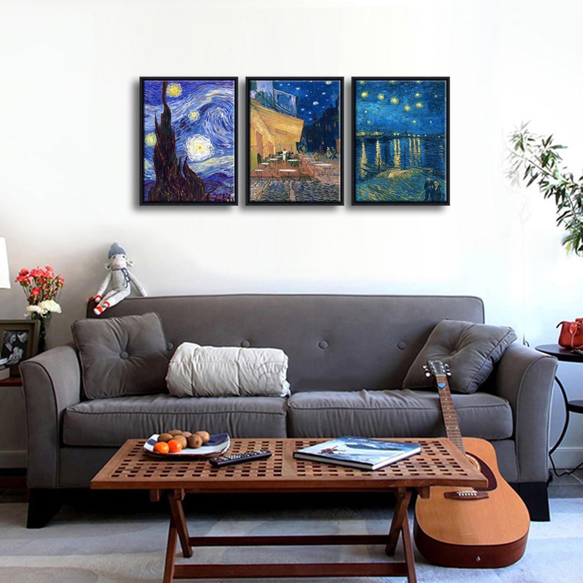 Wieco Art Framed 3 Panels Canvas Prints Of Vincent Van Gogh Paintings Reproduction Starry Night Over The Rhone Cafe Terrace At N
