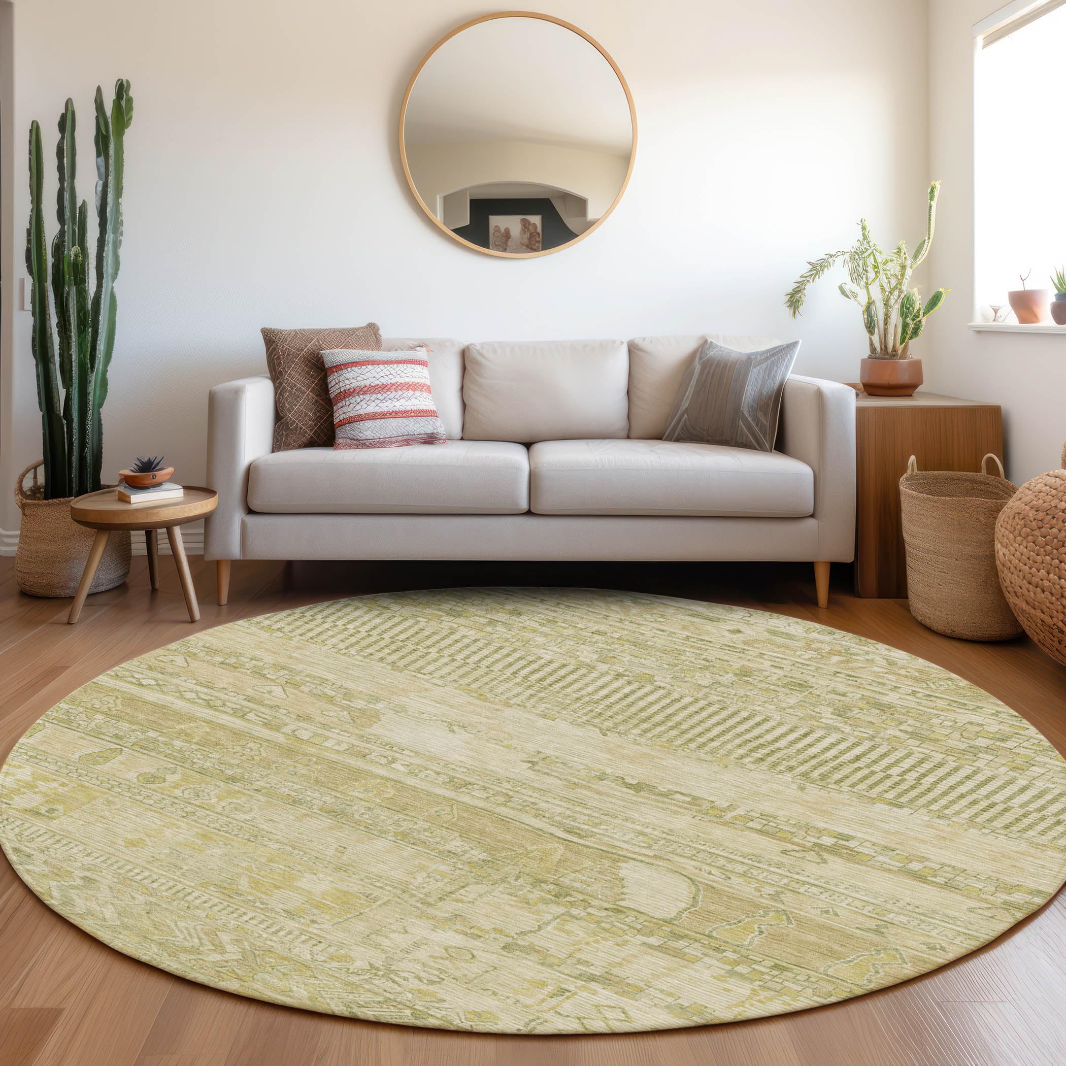 Machine Washable Indoor/Outdoor Chantille Tan 8 x 8 Round Rug