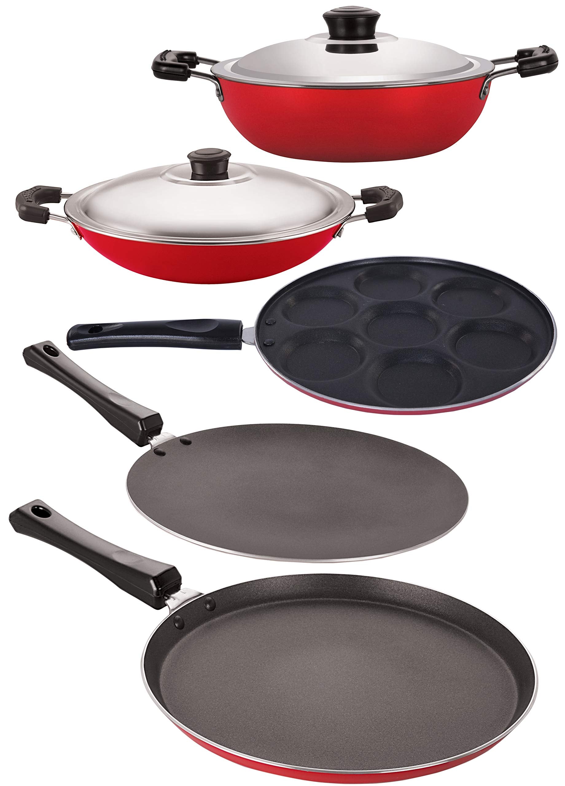 Nirlon NonStick Aluminium Cookware Set, 5Pieces, Red And Black (2.6Mm_Ft13_Ct_Dkdb_Chatti_Up)