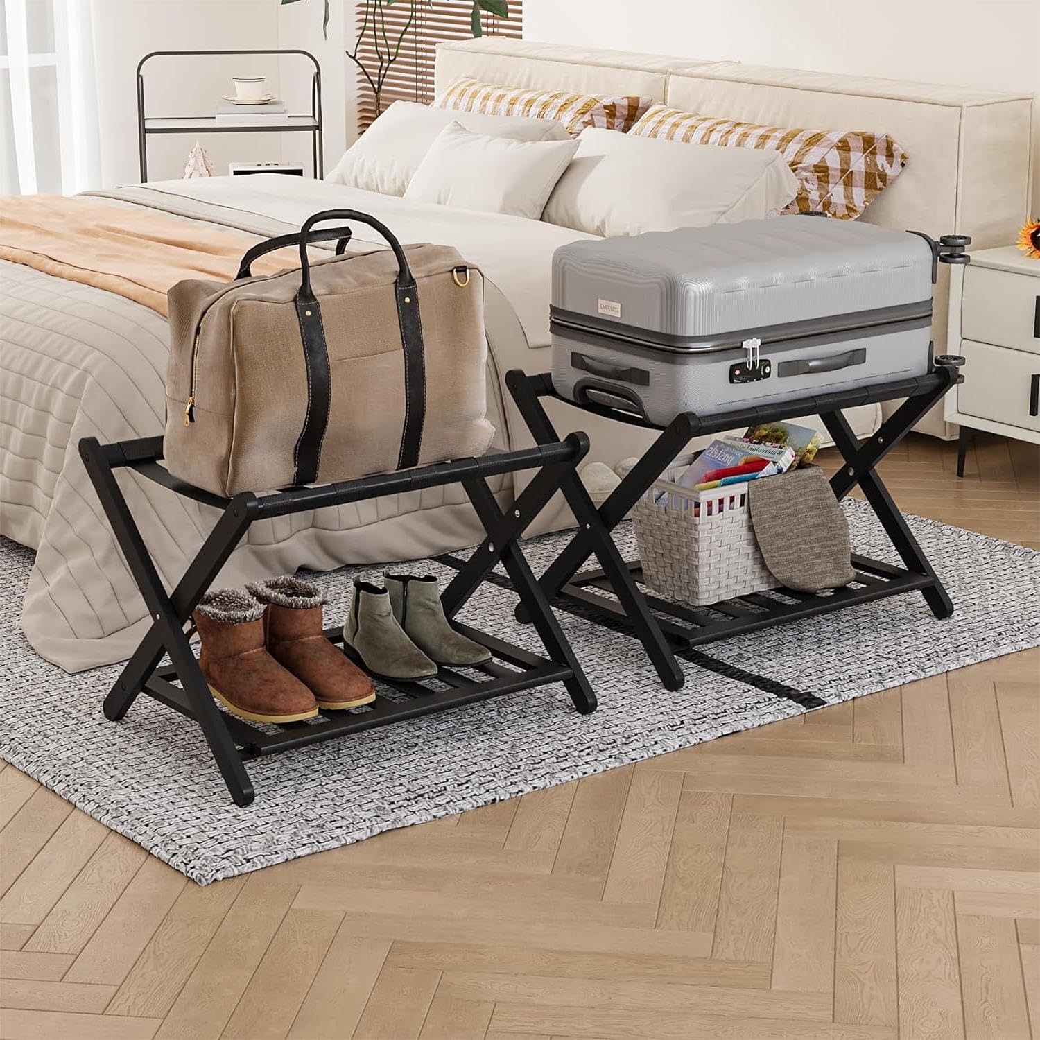 Smart Fendee 2 Pack Fully Assembled Black Bamboo Luggage Racks With Shoe Shelf, 5 Straps Folding Suitcase Stand, Heavy Duty Lugg