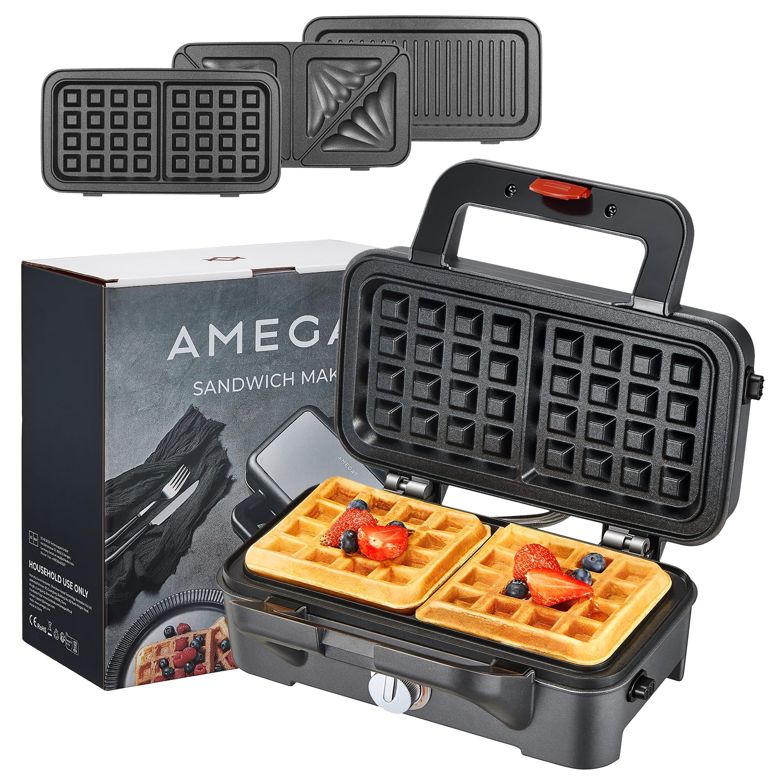 Amegat 3 In 1 Sandwich Maker, Waffle Maker With Removables Plates, Panini Press Waffle Iron Set With 5-Gear Temperature Control,