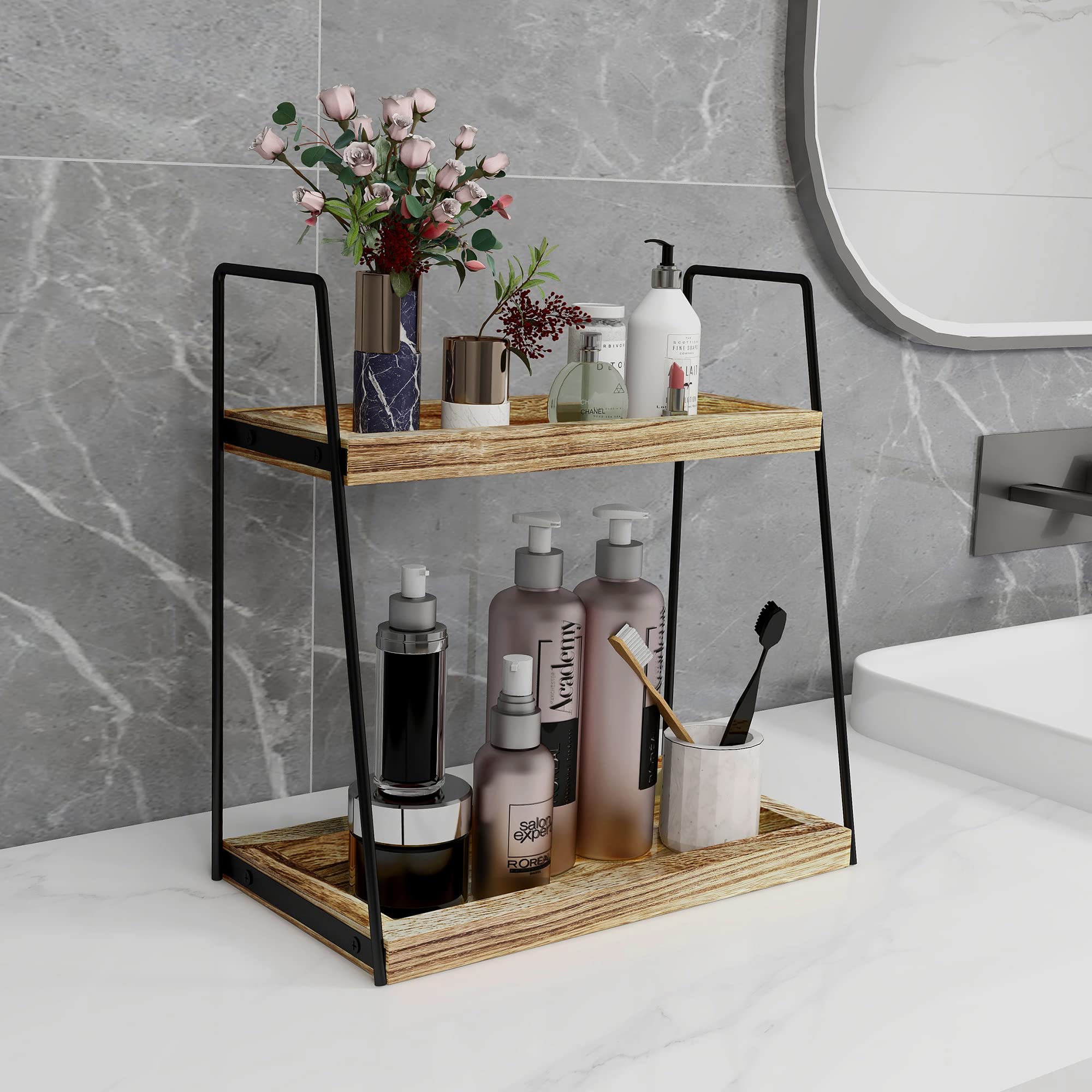 Dorhors 2 Tier Bathroom Counter Organizer Storage,Vanity Organizer For Bathroom Counter,Wood Counter Standing Rack For Bathroom,