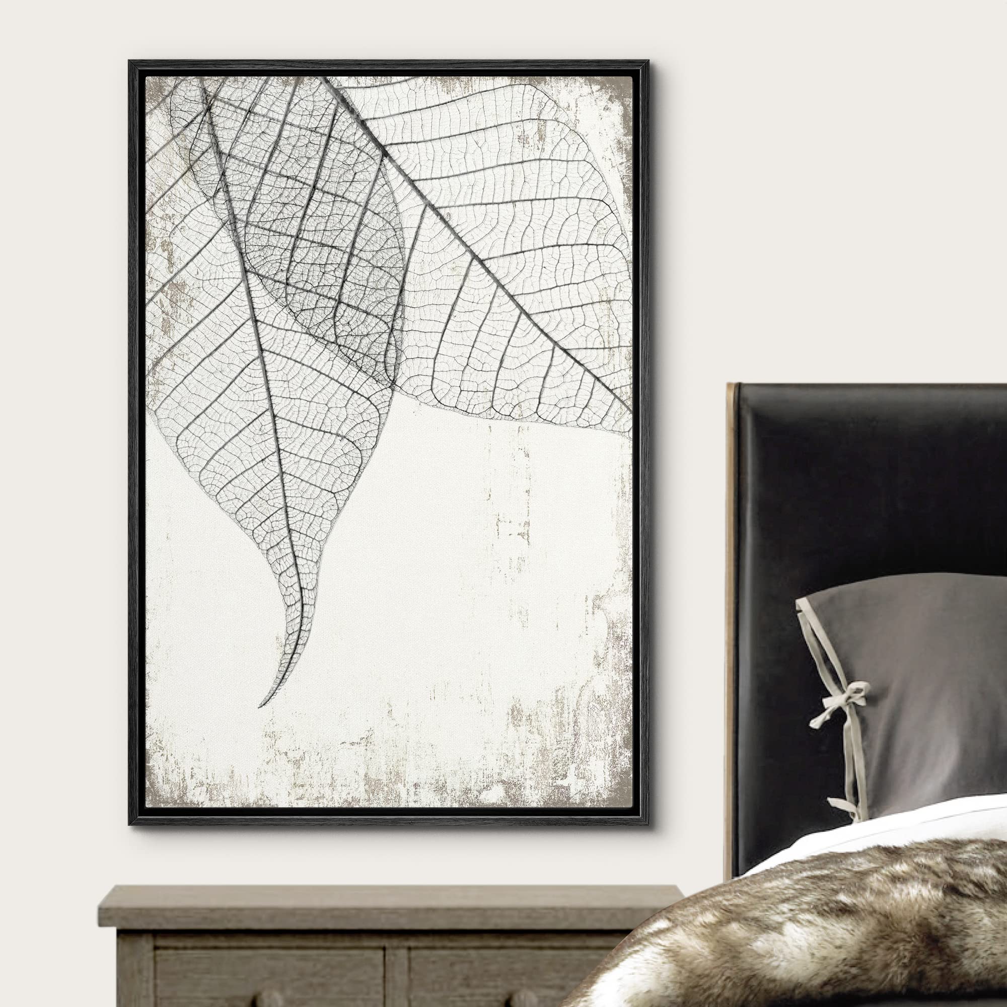 Wall26 Framed Canvas Print Wall Art Transparent Black & White Leaves On Grunge Background Floral Nature Illustrations Modern Art