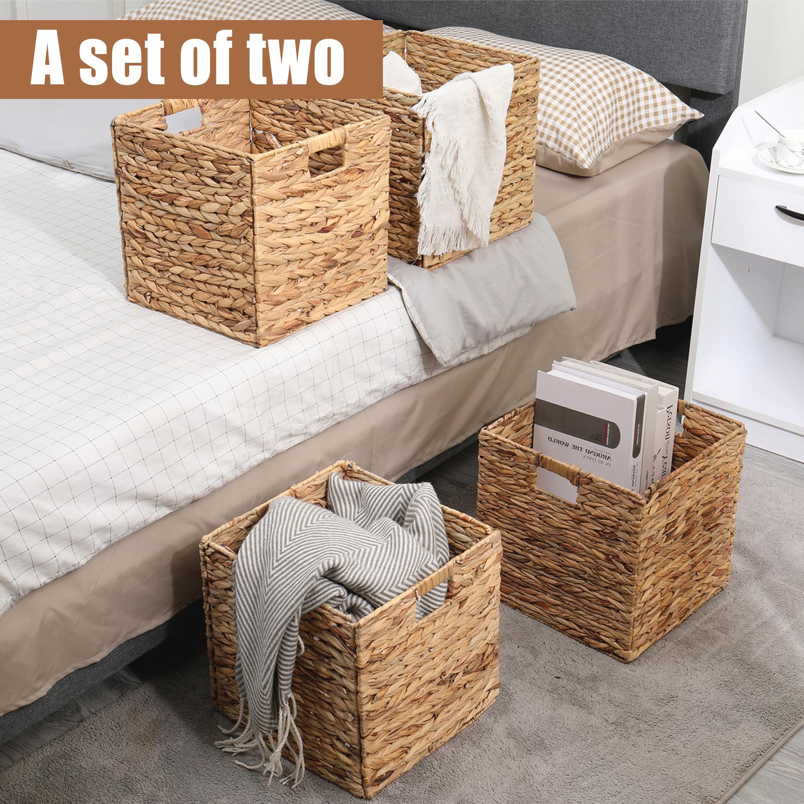Wicker Storage Basket Water Hyacinth Woven Basket Wicker Storage Cubes,Foldable Baskets For Shelves,Handwoven Laundry Totes For