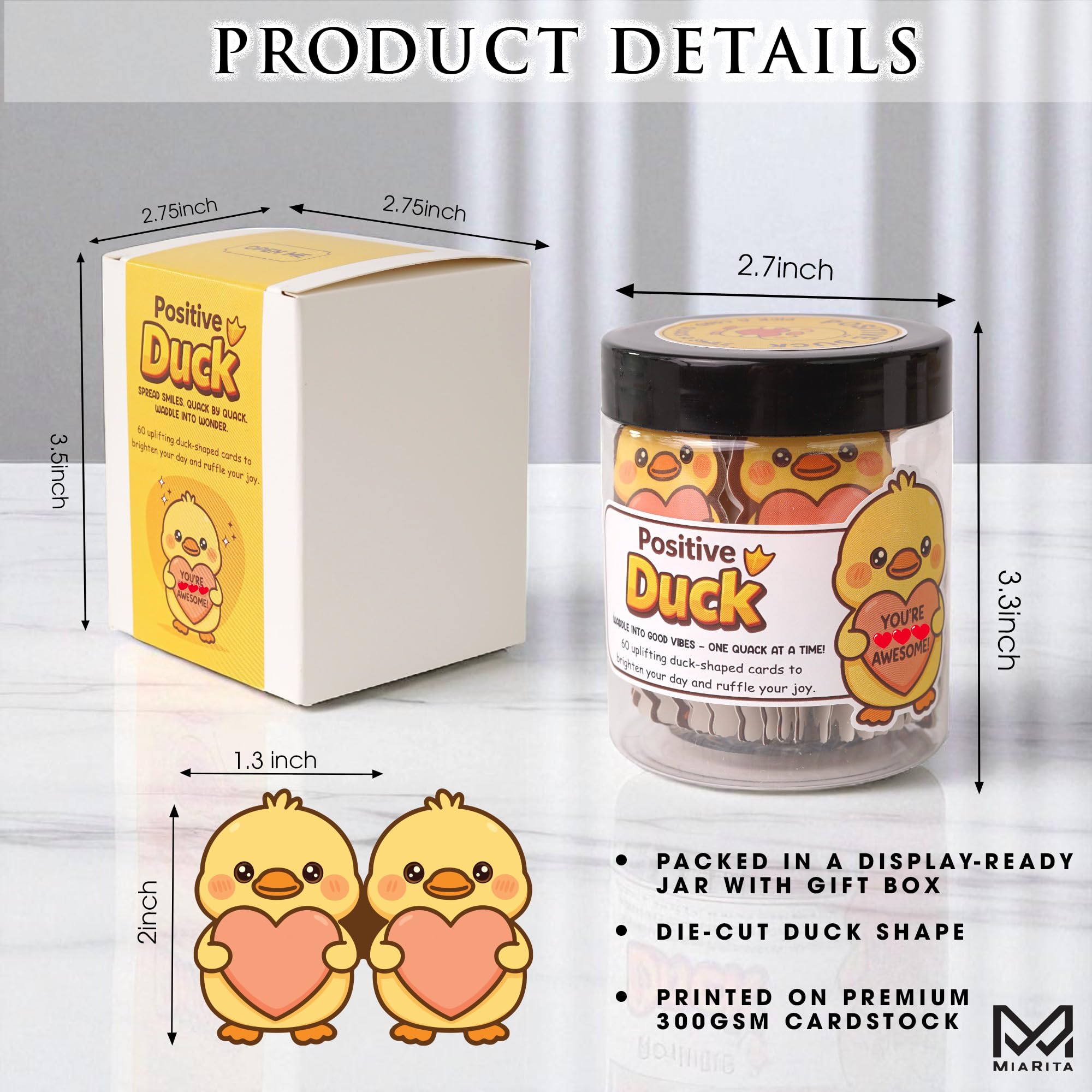 Miarita Positive Duck Jar - 60 Funny Emotional Uplifting Support Affirmation Cards, White Elephant Gift For Women Men, Stress Re