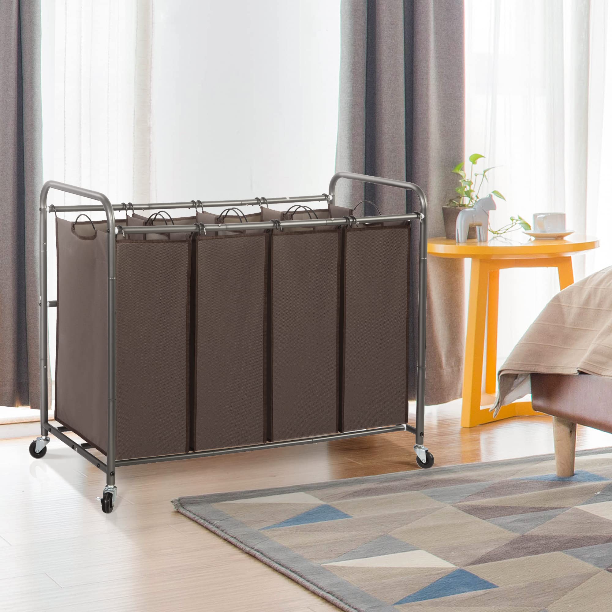 Sto Sto Laundry Sorter 4 Section, 4 Bag Laundry Hamper, Rolling Laundry Cart, Laundry Basket With Heavy Duty Lockable Wheels And