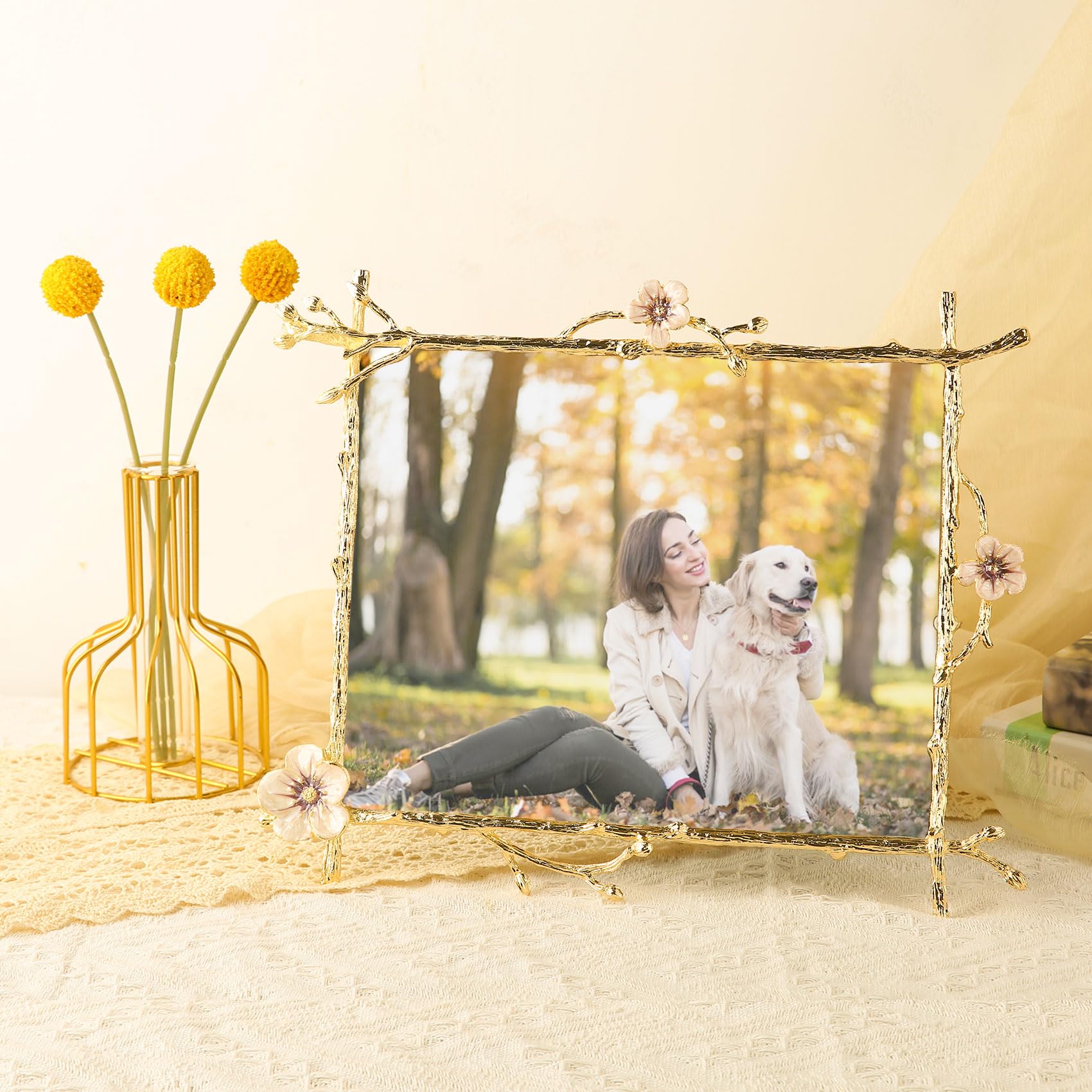 Goutangen 8x10 Gold Pink Flowers Picture Frame Art Decor Ornate Floral Metal Photo Frames High Definition Glass Front Tabletop D