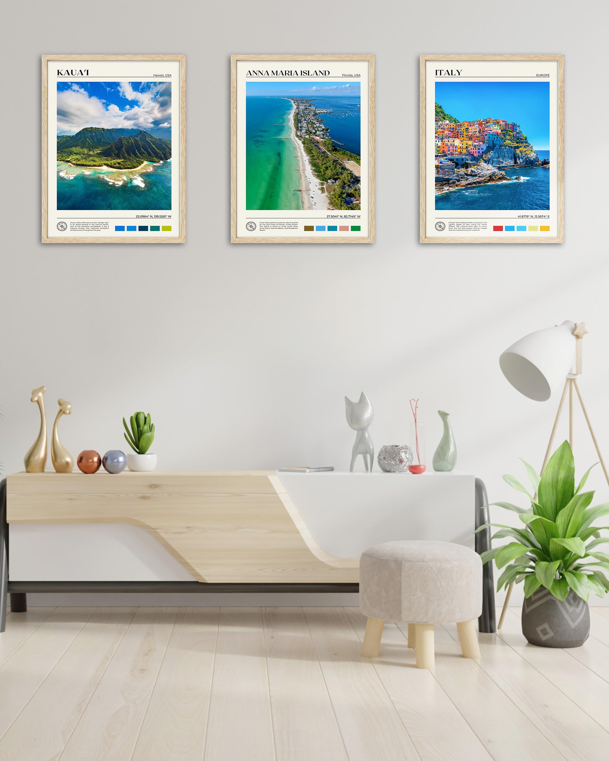 Hesendot Natural Oak Wood Framed Cinque Terre National Park Wall Art,12X16In Italian Natural Seascape Canvas Wall Print,Classic