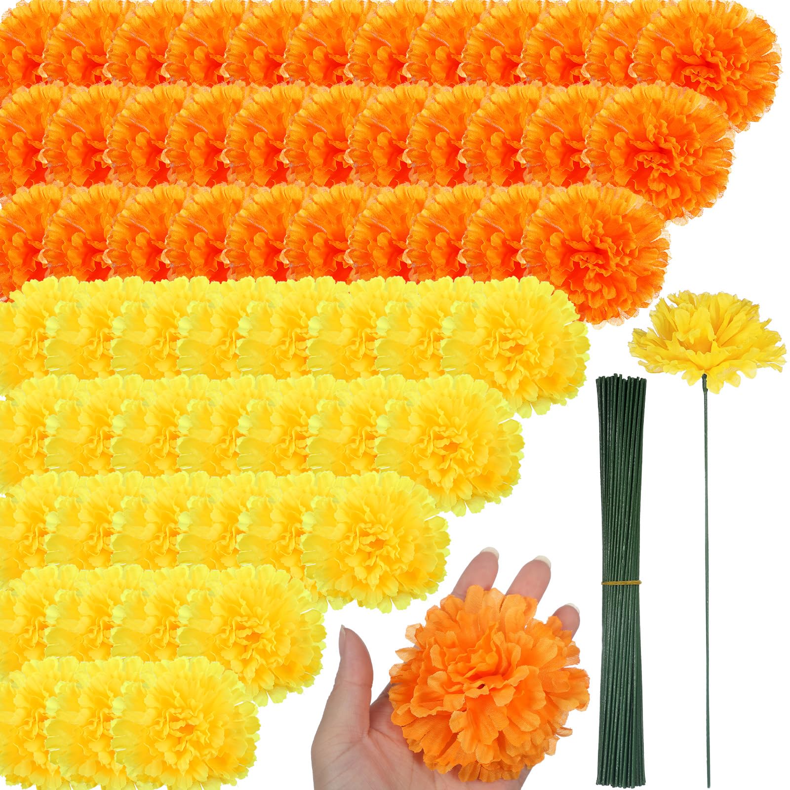 100 Pack Artificial Marigold Flower with Stems Mexican False Flowers Cinco De Mayo DIY Marigold Garlands for Dia De Los Muertos 