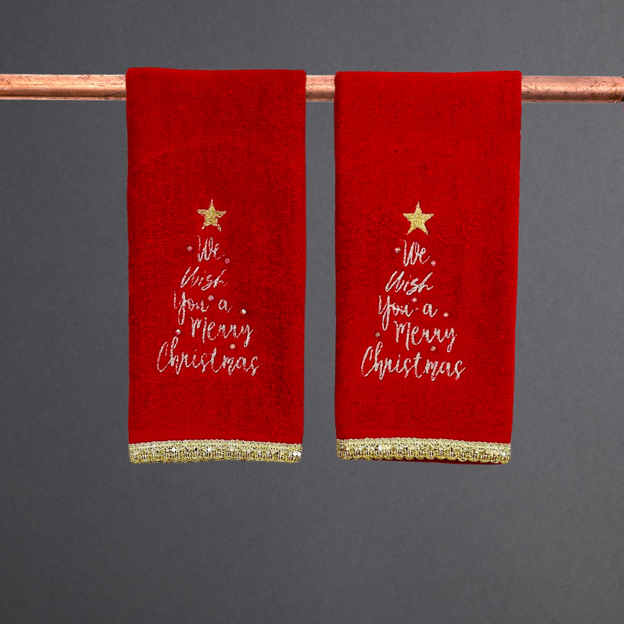 Serafina Home Holiday Christmas Bath Fingertip Towels, Embroidered Gold We Wish You A Merry Christmas With Gold Lace Hem, 2 Piec