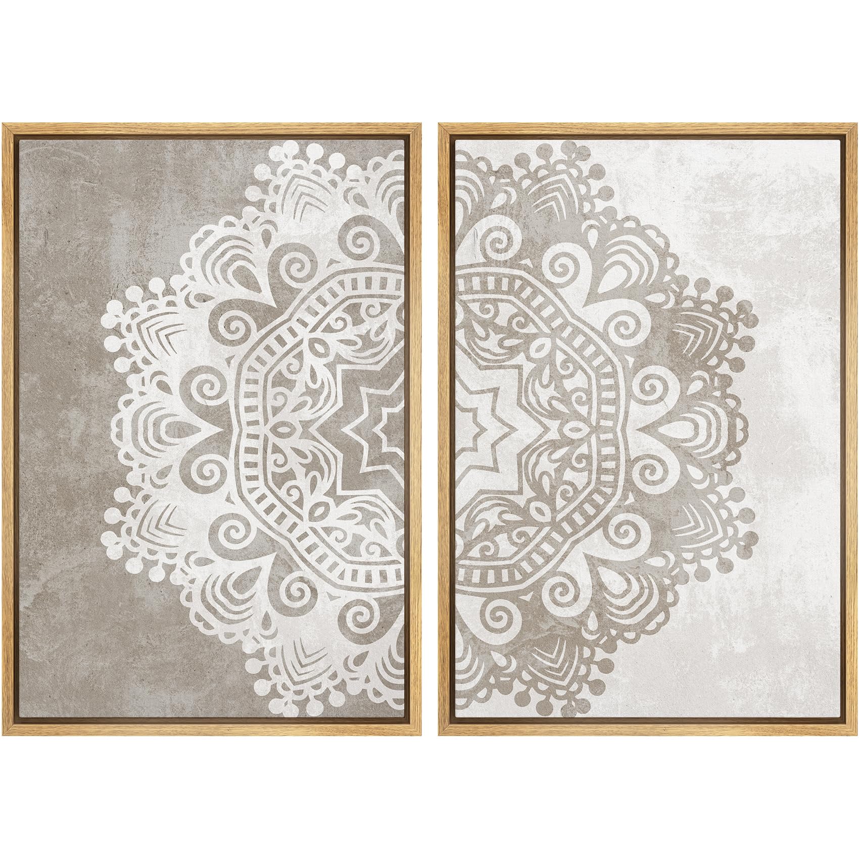 Signwin Framed Canvas Print Wall Art Set Duotone Cultural Indian Mandala Pattern Abstract Shapes Illustrations Modern Art Minima