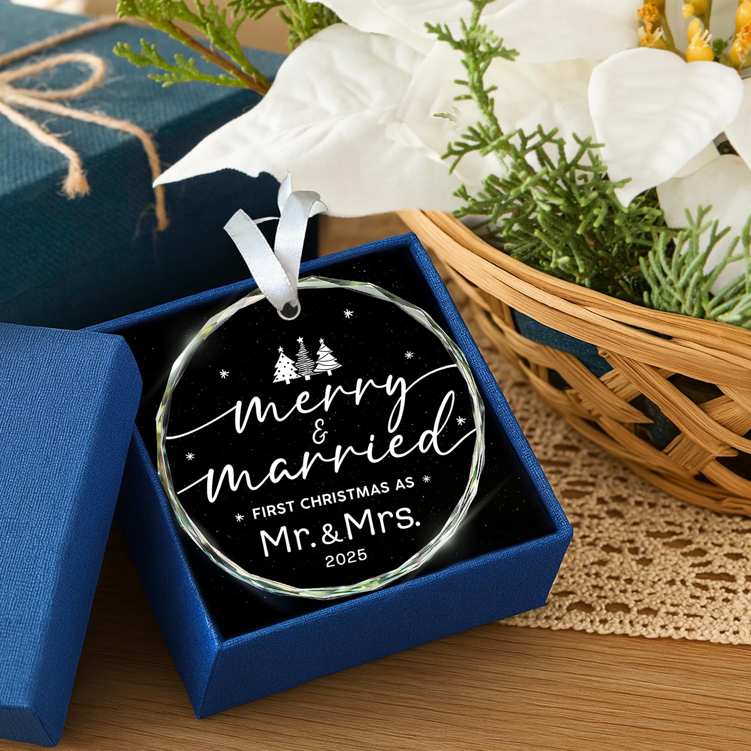 HEXMOZ Wedding Gifts for Couples 2025 - First Christmas Married Glass Ornament, Mr and Mrs Gifts, Wedding Ideas for Newly Wed, J