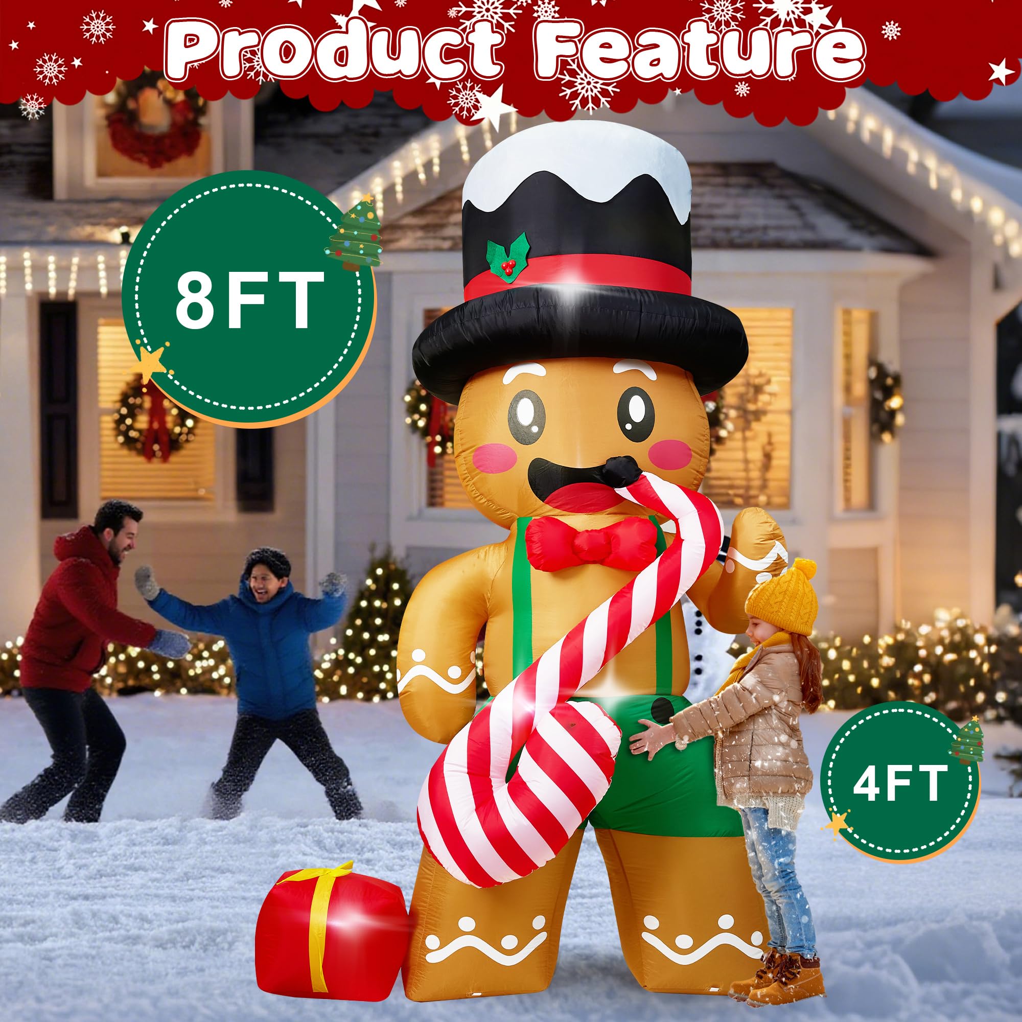 8 FT Christmas Inflatables Decorations with Built-in LEDs, Gingerbread Man Playing Candy Cane Saxophone Blow-Up Christmas Inflat
