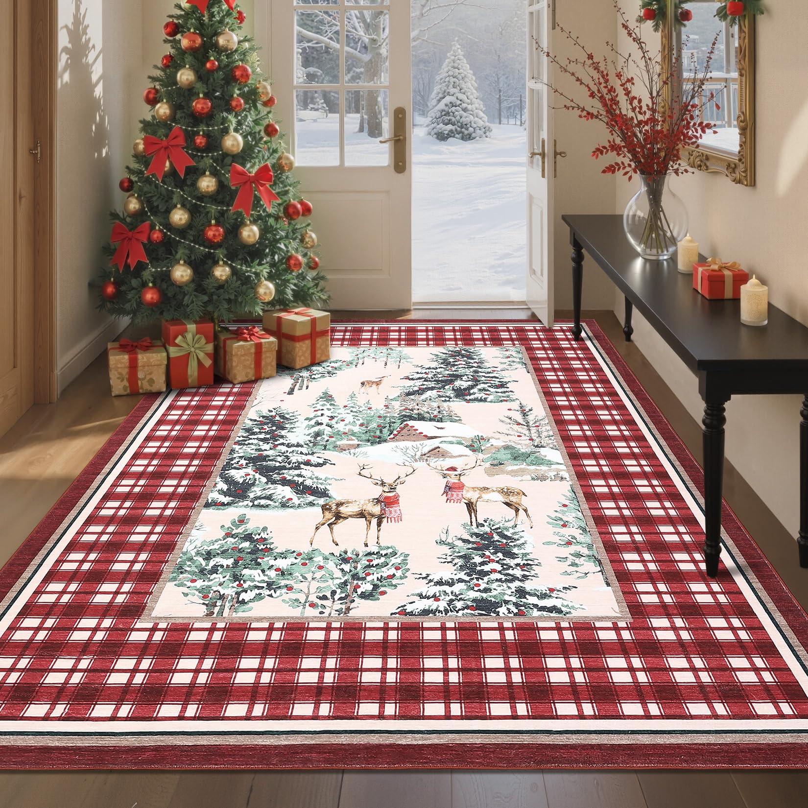 GarveeHome Christmas Washable Runner Rug 2.5x10, Holiday Decor Runners for Kitchen Soft Low Pile Christmas Tree and Deer Rug Non