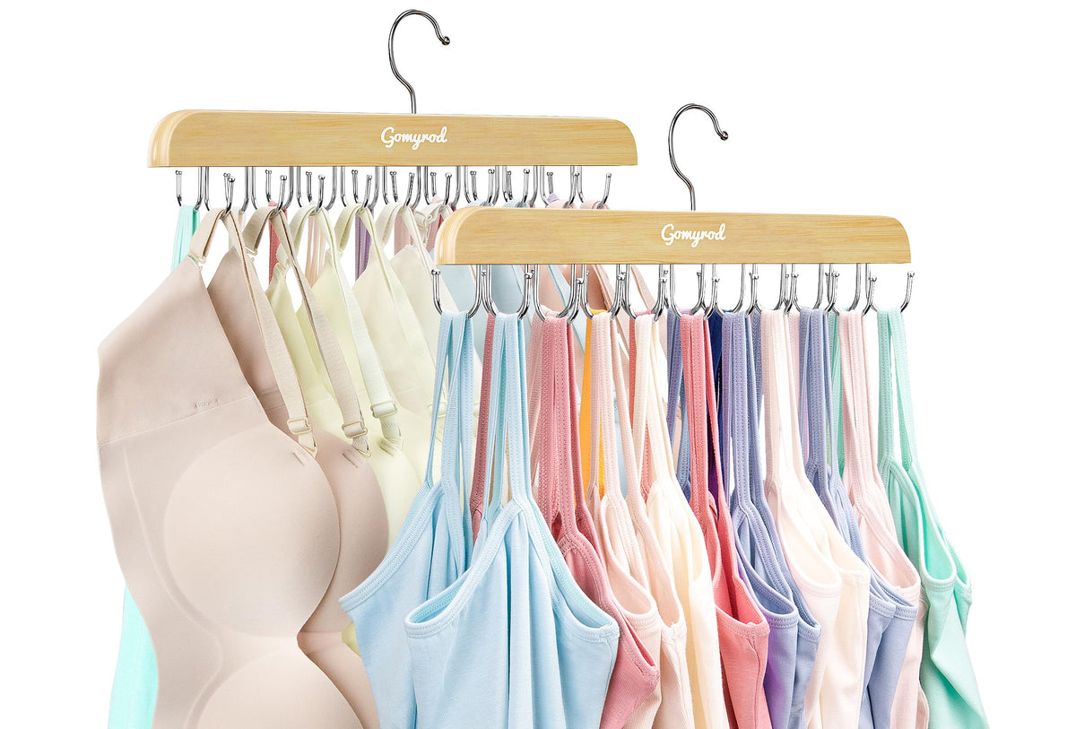 Gomyrod Bra Hanger For Closet, Tank Top Hanger W/20 Hooks Capacity Foldable Wood Space Saving Hangers, 360Rotating Closet Organi