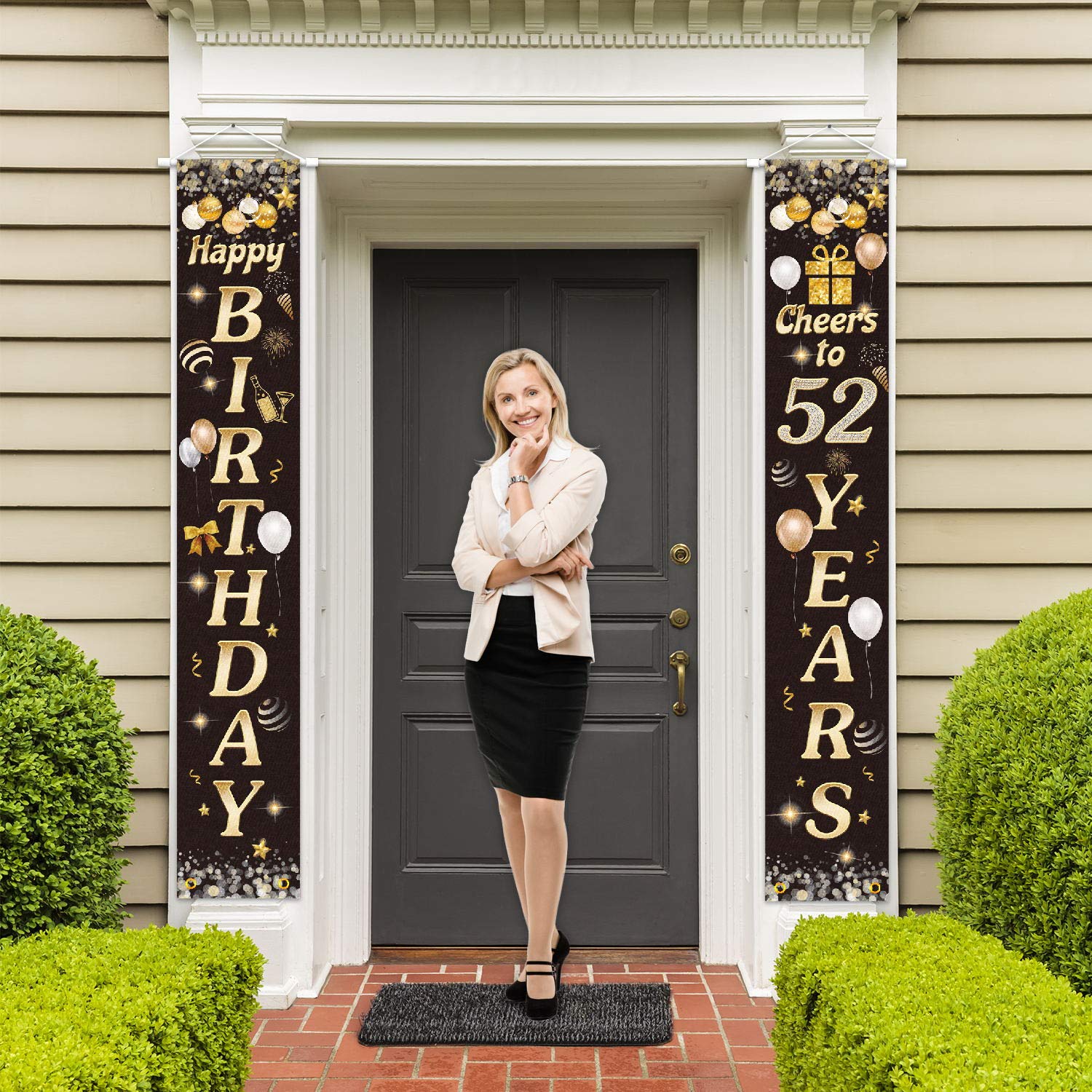 Happy Birthday Cheers To 52 Years Black Gold Yard Sign Door Banner 52Nd Birthday Decorations Party Supplies
