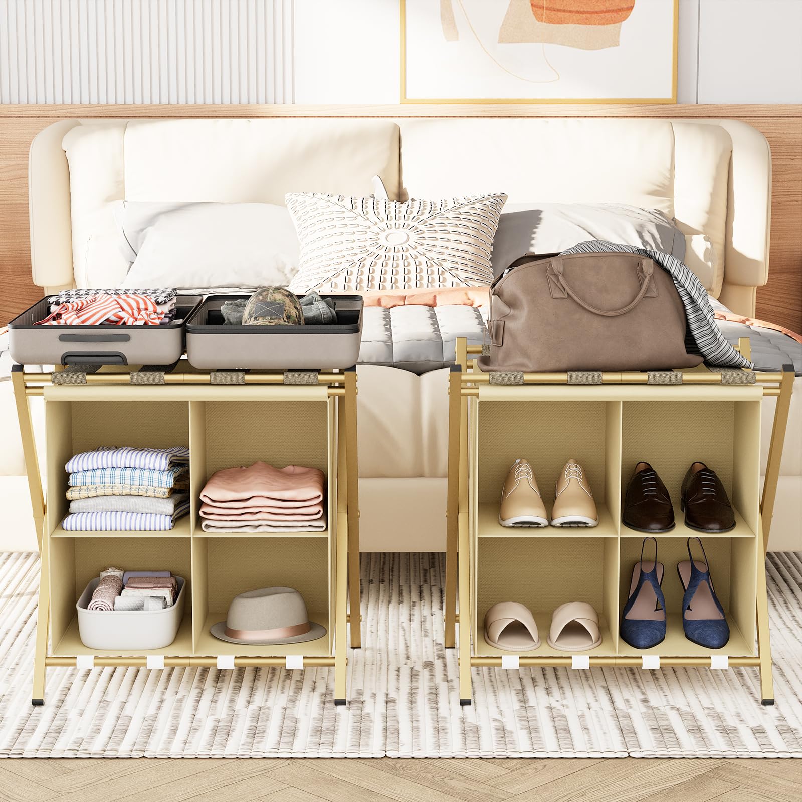 Aboxoo 2 Pack Luggage Rack With Storage, Guest Room Folding Suitcase Stands, Holds Up To 120 Lb, Space Saving Suitcase Holders F