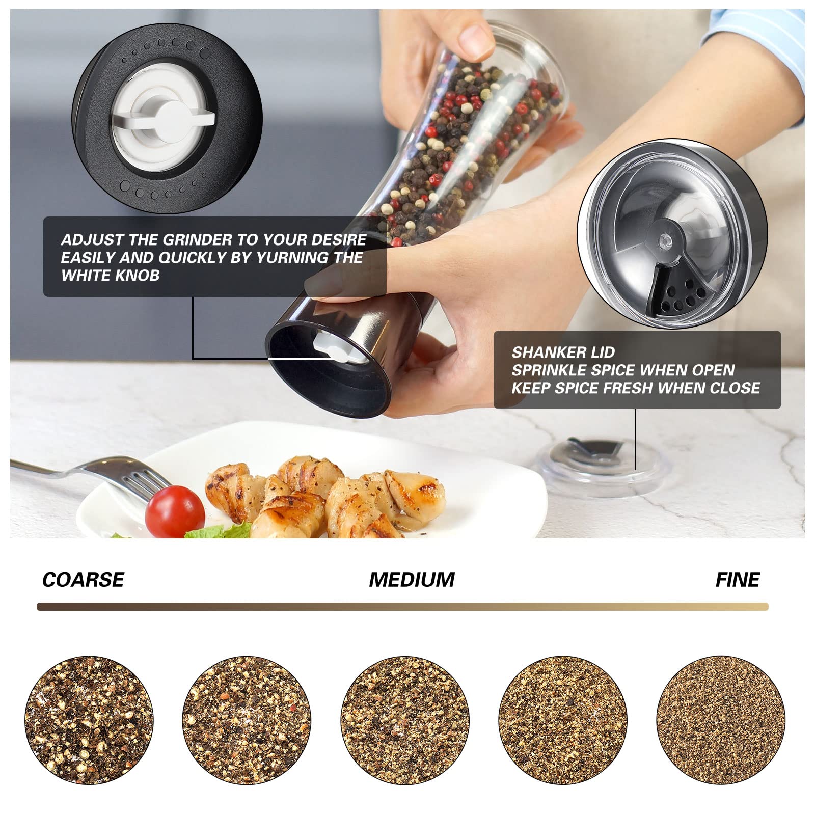 Vevok Chef Salt And Pepper Grinder Set Stainless Steel Black Salt And Pepper Mill With Adjustable Coarseness Salt Shaker Set Spi