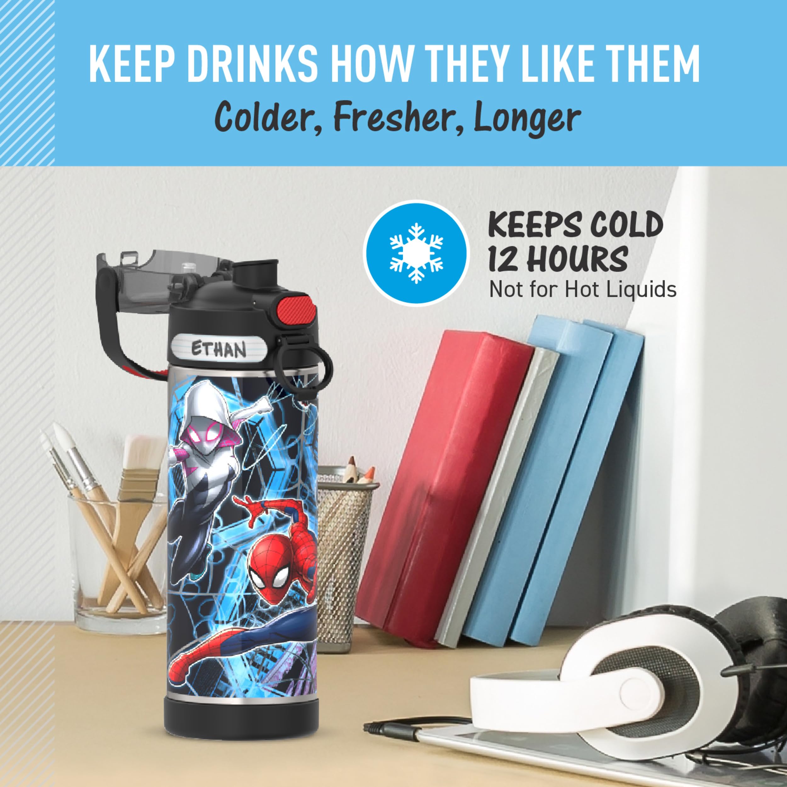 Thermos Funtainer 16 Ounce Stainless Steel Vacuum Insulated Bottle With Wide Spout Lid, Spiderman