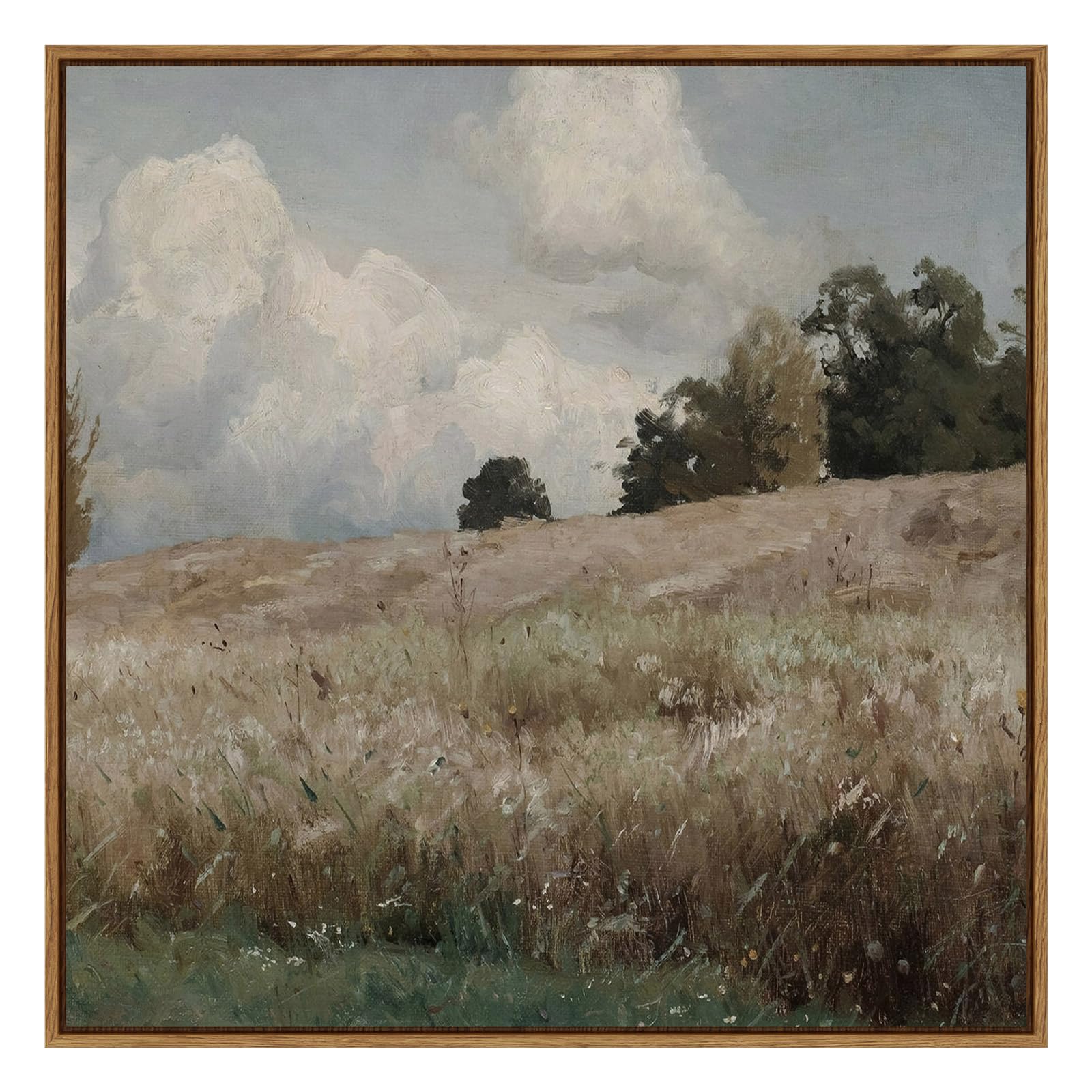 Insimsea Square Framed Canvas Wall Art, Vintage Prints Farmhouse Scenery Vast Field Grassland Wall Art Decor, Classical Nature P