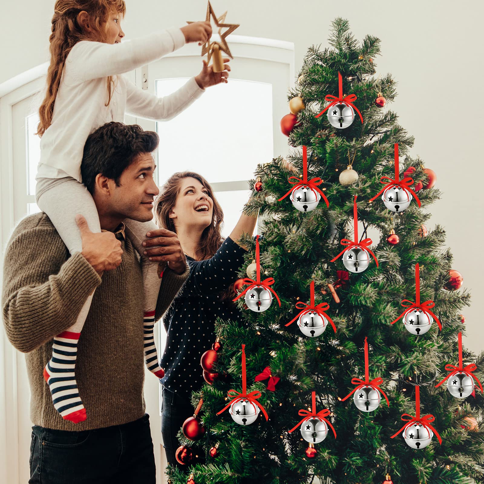 Roowest 12 Pieces Large Size Silver Christmas Star Bells Ornament 3.15 Inch Sleigh Jumbo Bells Christmas Tree Ornament with Ribb