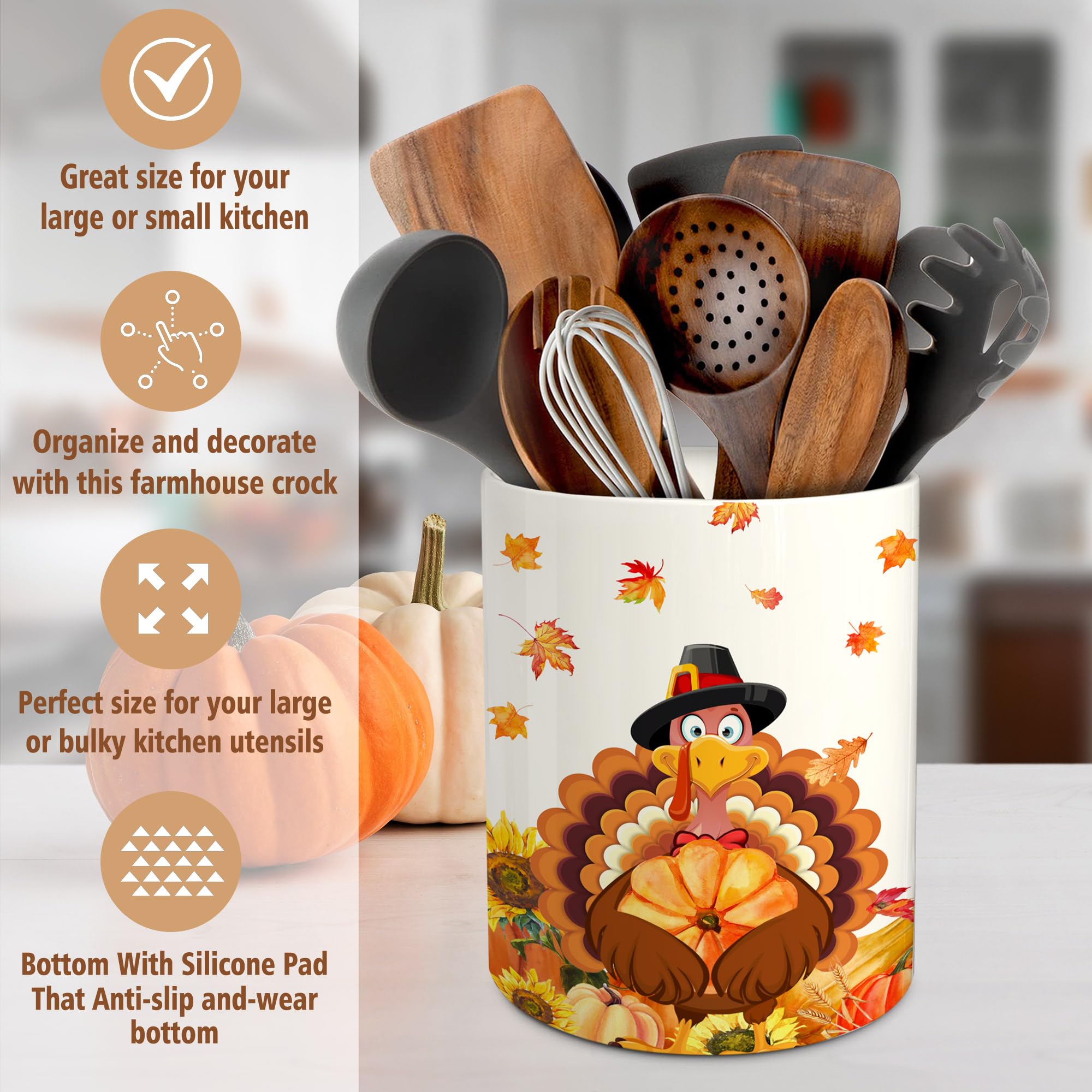 pinata Thanksgiving Kitchen Decor Ceramic Utensil Holder, Cute Thanksgiving Turkey Utensils Holder, Ceramic Utensils Crock for R