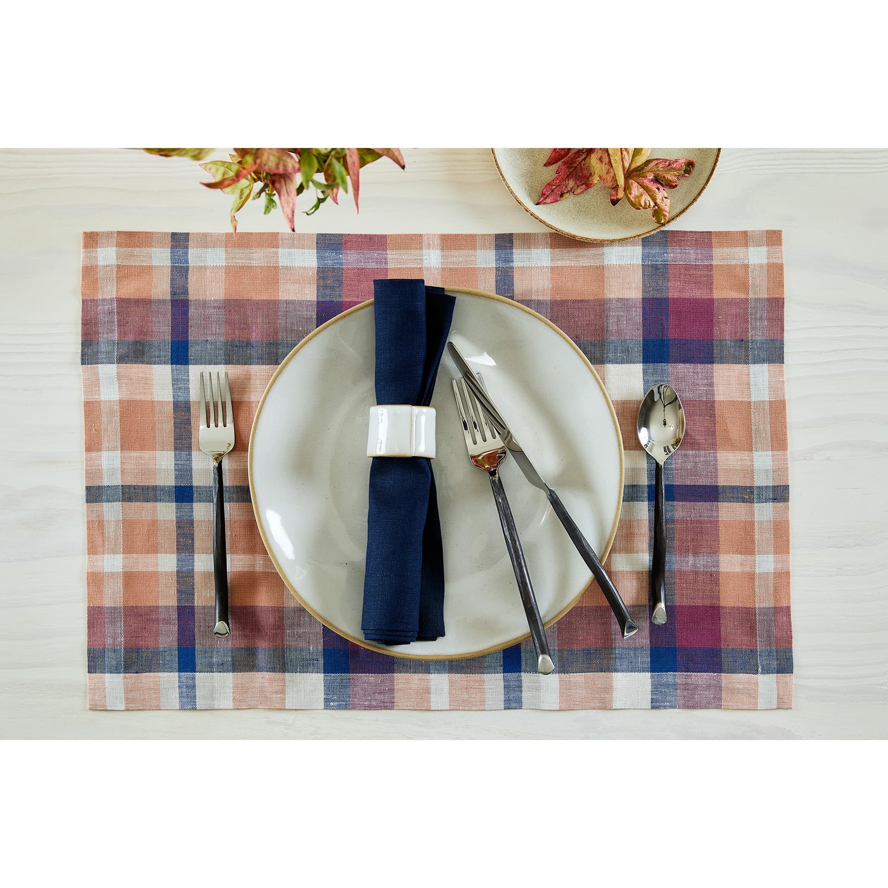 Solino Home Plaid Linen Placemats Set Of 4-100% Pure Linen Multicolor Fall Flavors Madras Plaid Place Mats 14 X 19 Inch - Handcr