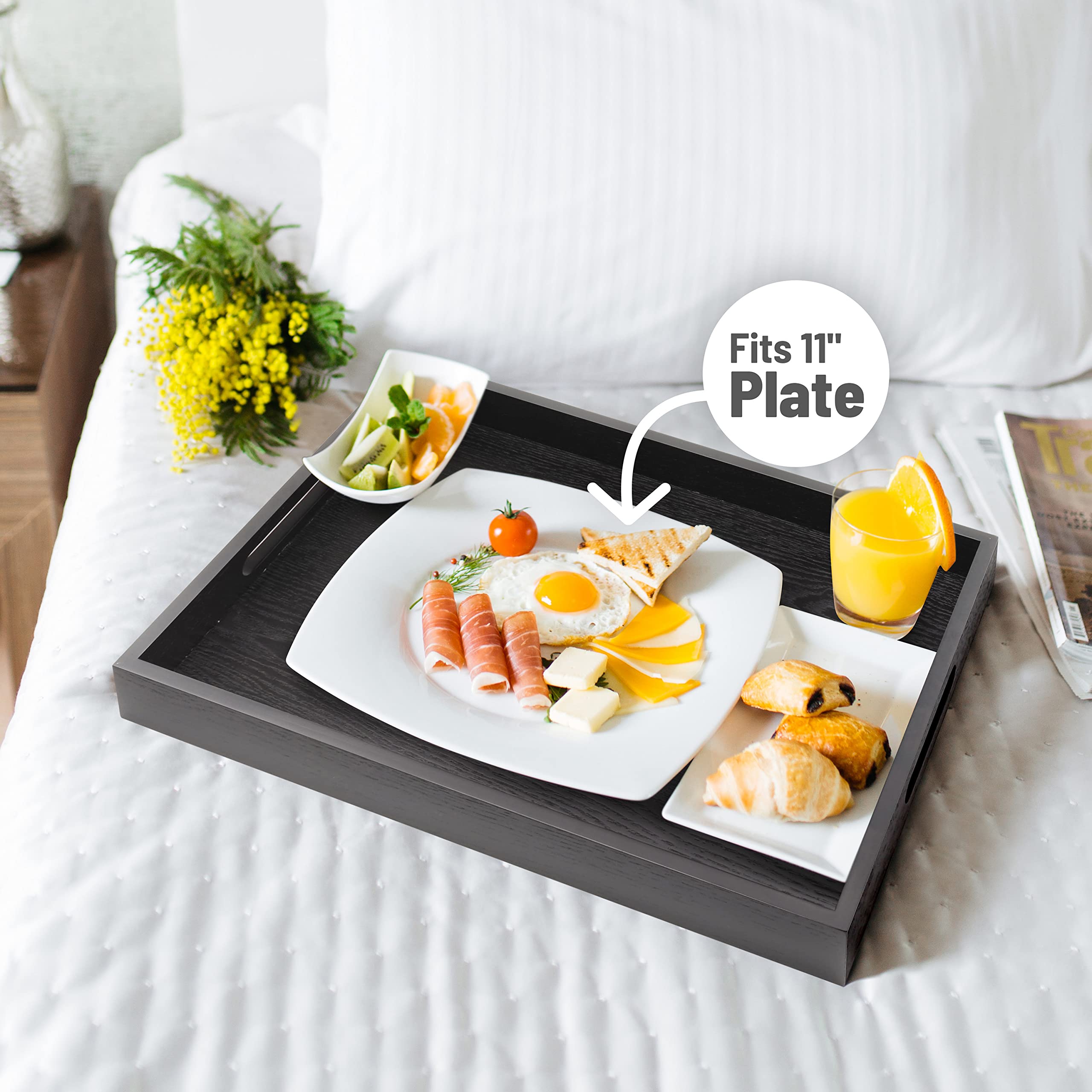 Atzymolin Wood Serving Tray With Handles, Home Decorative Wooden Rectangle Ottoman Decor Platter Vanity Tray For Breakfast Dinne