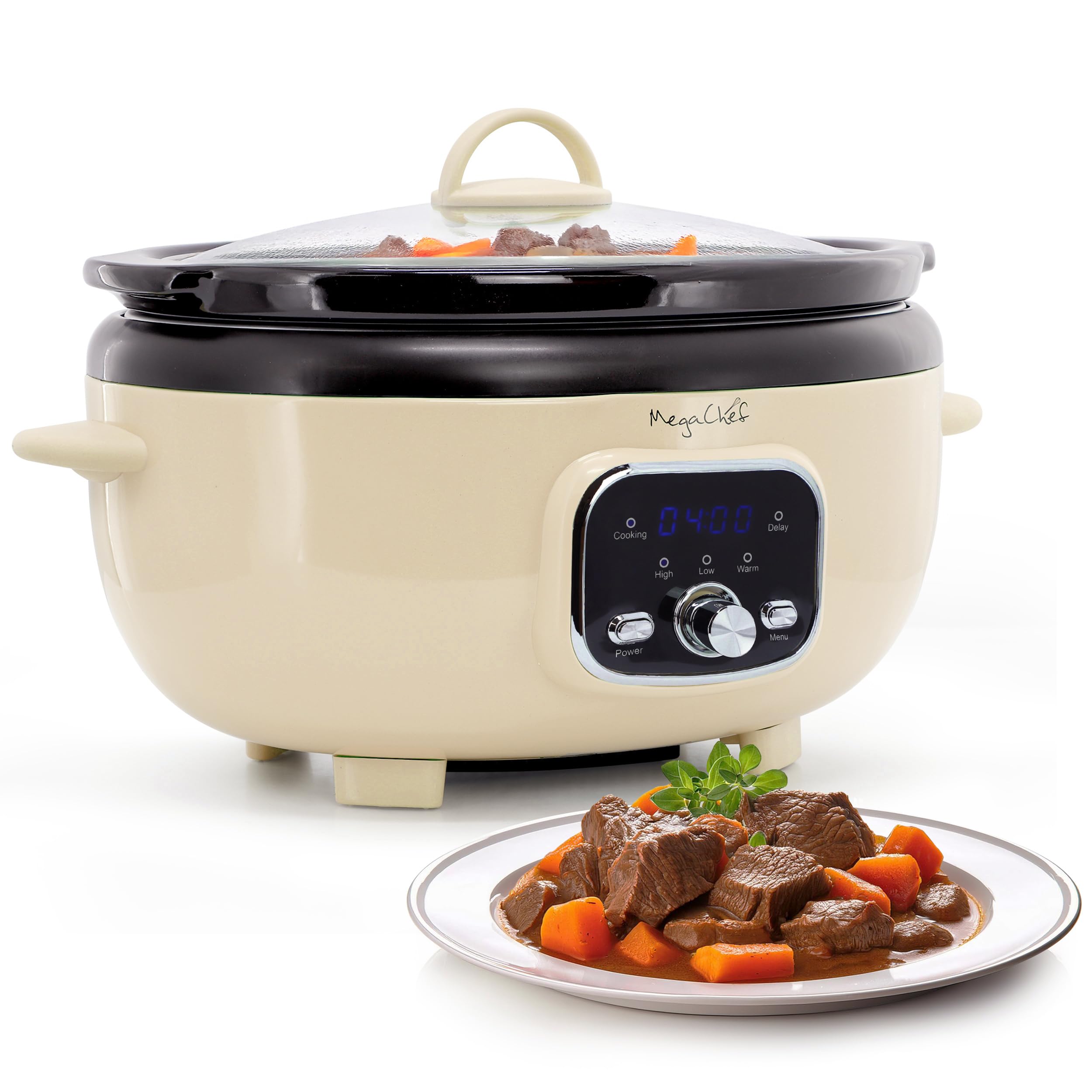 MegaChef 3.7 Quart Oval Electric Digital Slow Cooker with Black Stoneware Crock, Adjustable Timer & Temperature Control, Delay, 