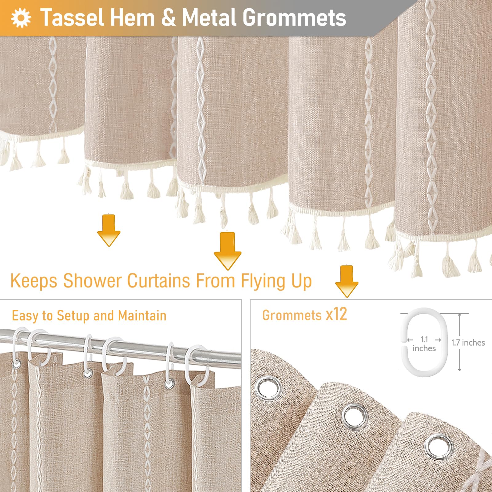 Bttn 78 Inch Long Shower Curtain, Boho Farmhouse Linen Ultra Thick Striped Fabric Shower Curtain Set With Plastic Hooks, Tall Ru