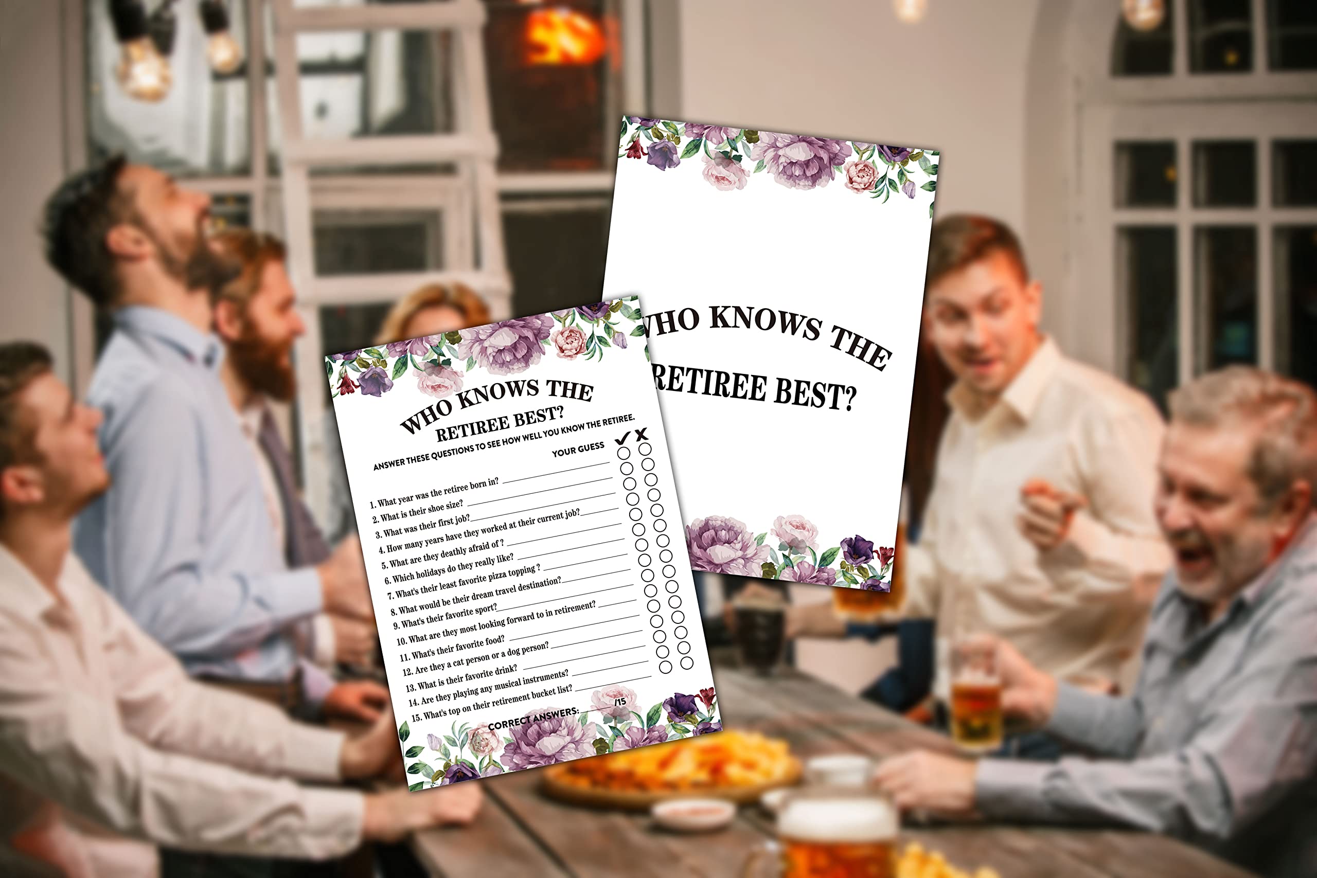 Retirement Party Games, Who Knows The Retiree Best Co-Worker Retirement Party Game Card, Purple Floral Retirement Party Ideas Ac