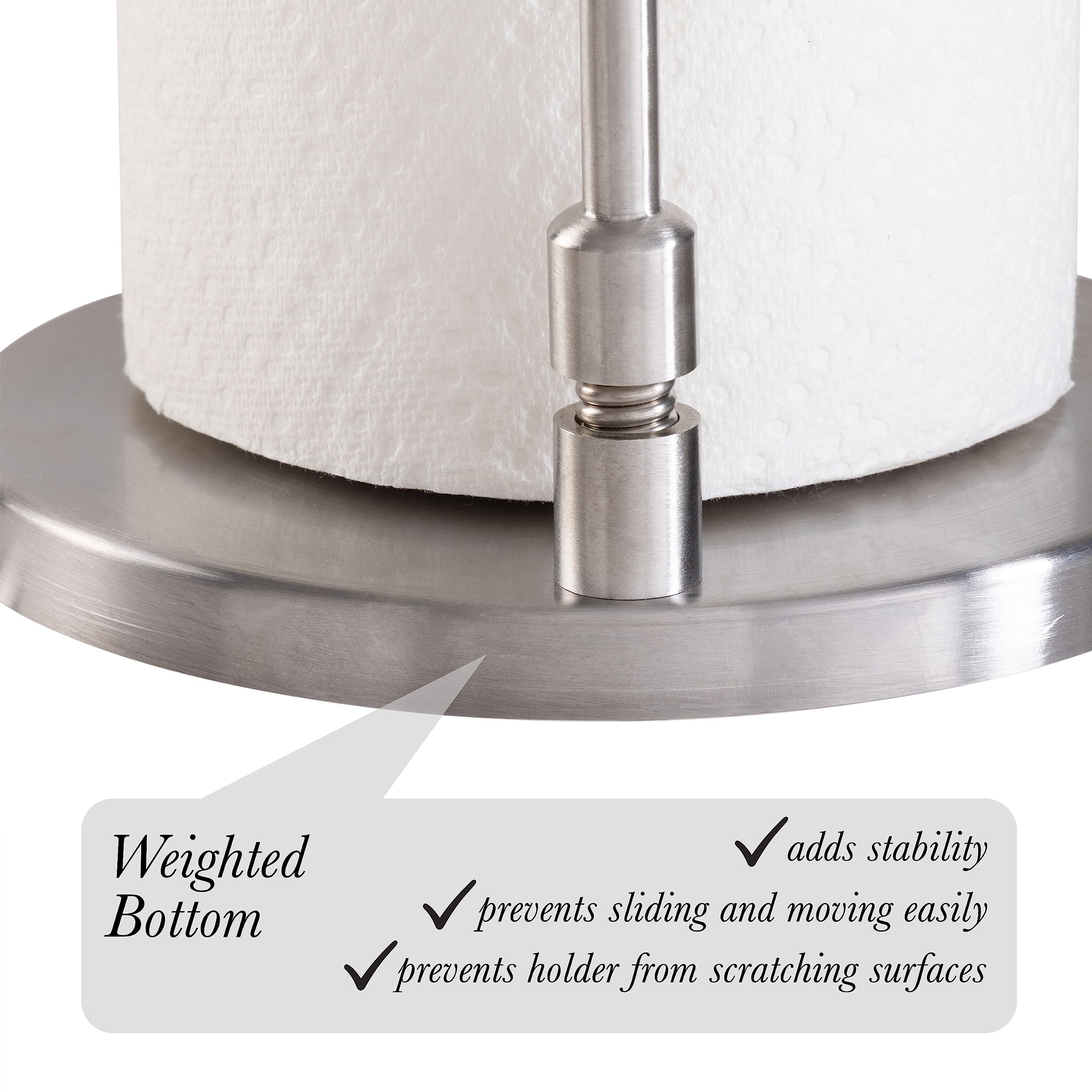 Kitchen Details Stainless Steel Paper Towel Holder | Tension Dispenser Bar | Easy Tear | Weighted Base | Standard Roll | Counter
